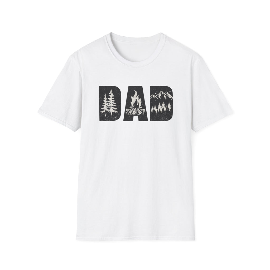 Dad Camping T-Shirt — Rustic Outdoors Father’s Day Shirt (DAD with Trees, Campfire & Mountains)