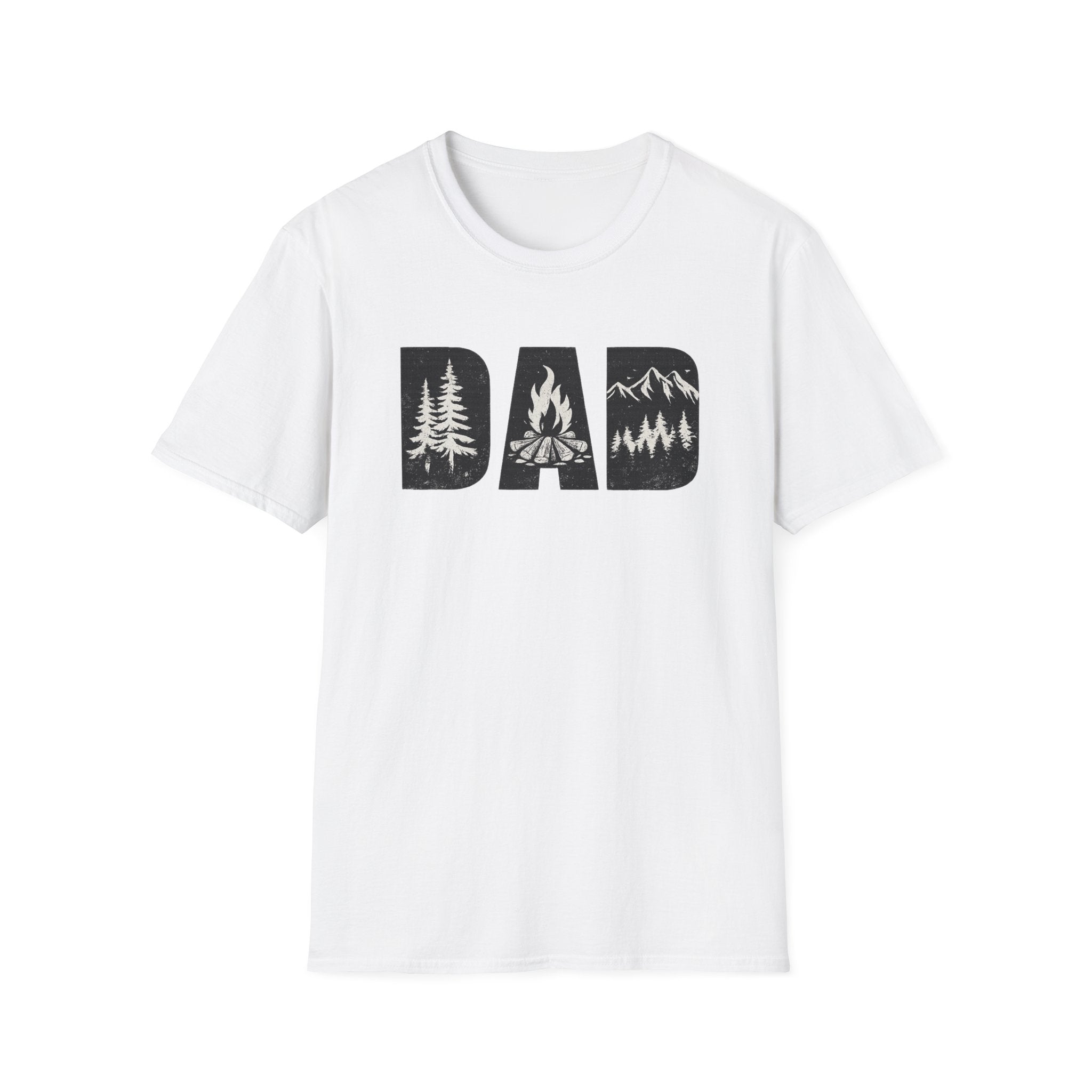 Dad Camping T-Shirt — Rustic Outdoors Father’s Day Shirt (DAD with Trees, Campfire & Mountains)