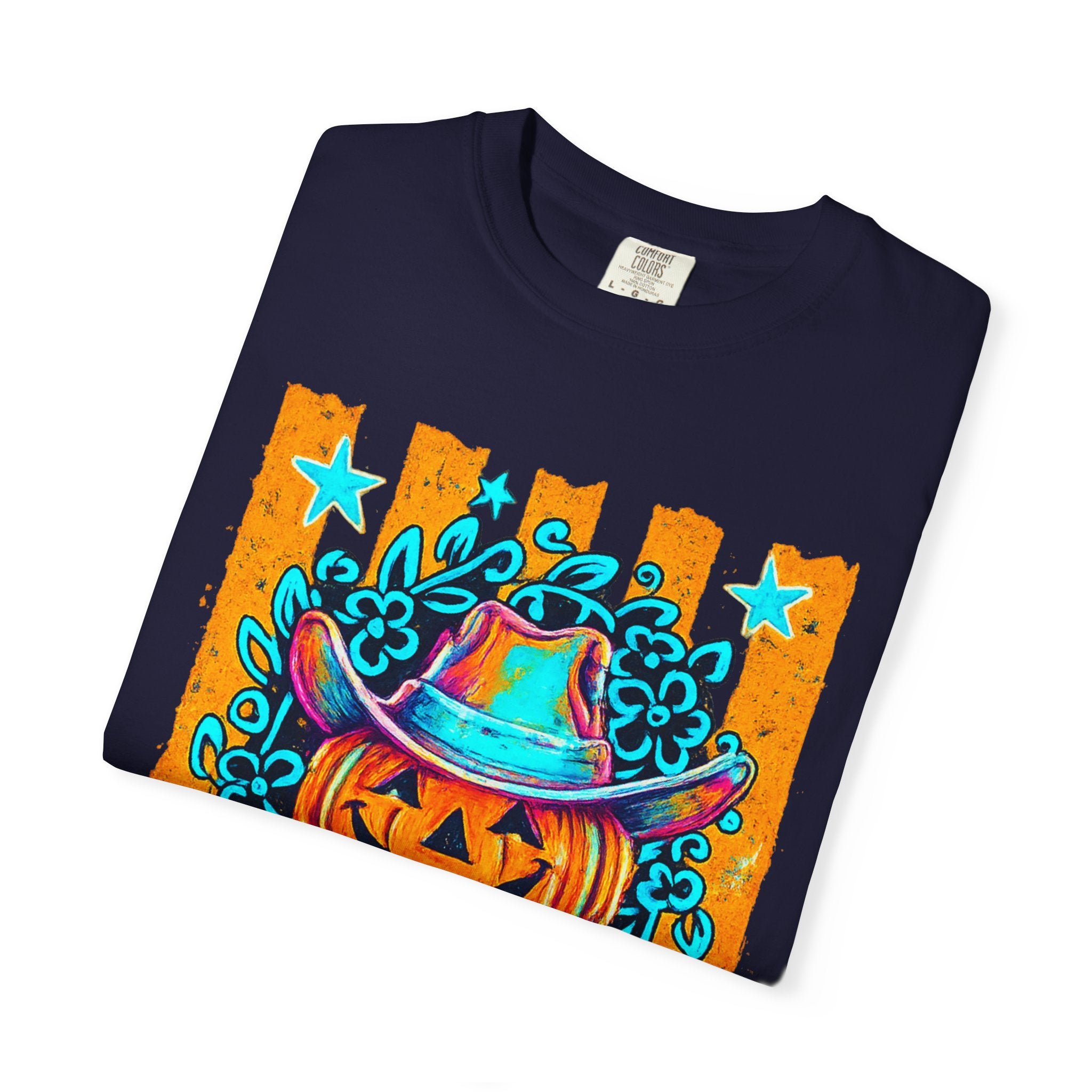 Halloween Pumpkin Cowboy T-Shirt — Neon Country Jack-O'-Lantern Graphic Tee