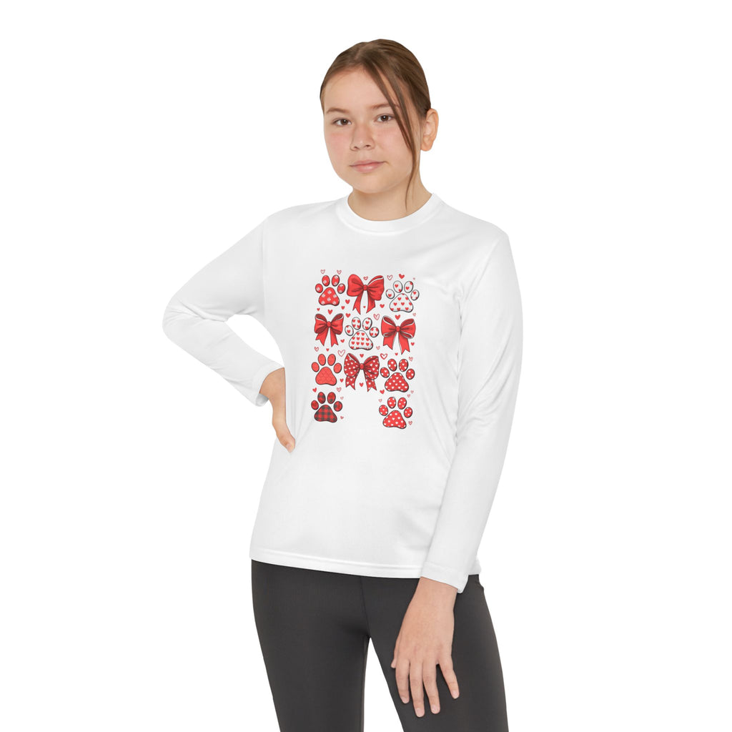 Youth Long Sleeve Tee - Red Paw & Bow Valentine Animal Print