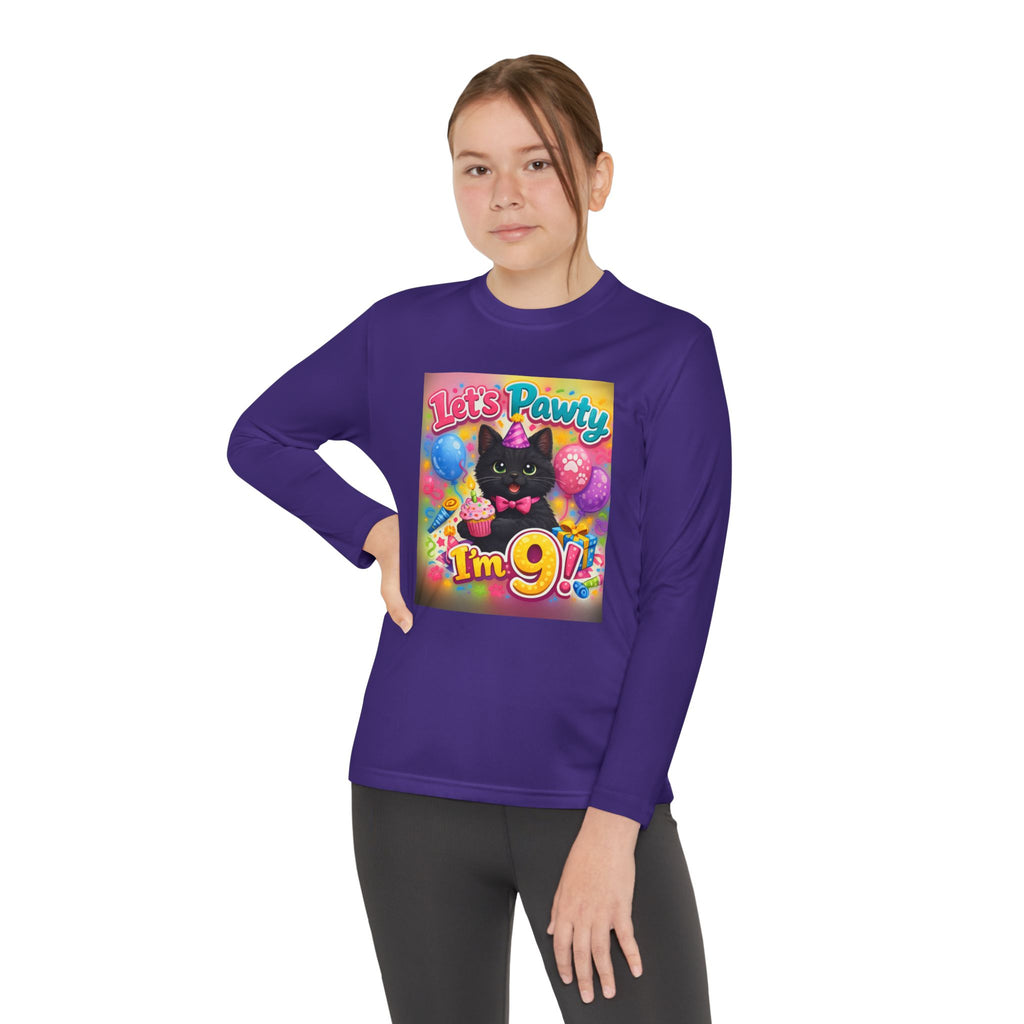Kids' 9th Birthday Long Sleeve Tee — "Let's Pawty I'm 9!" Cat Birthday Shirt