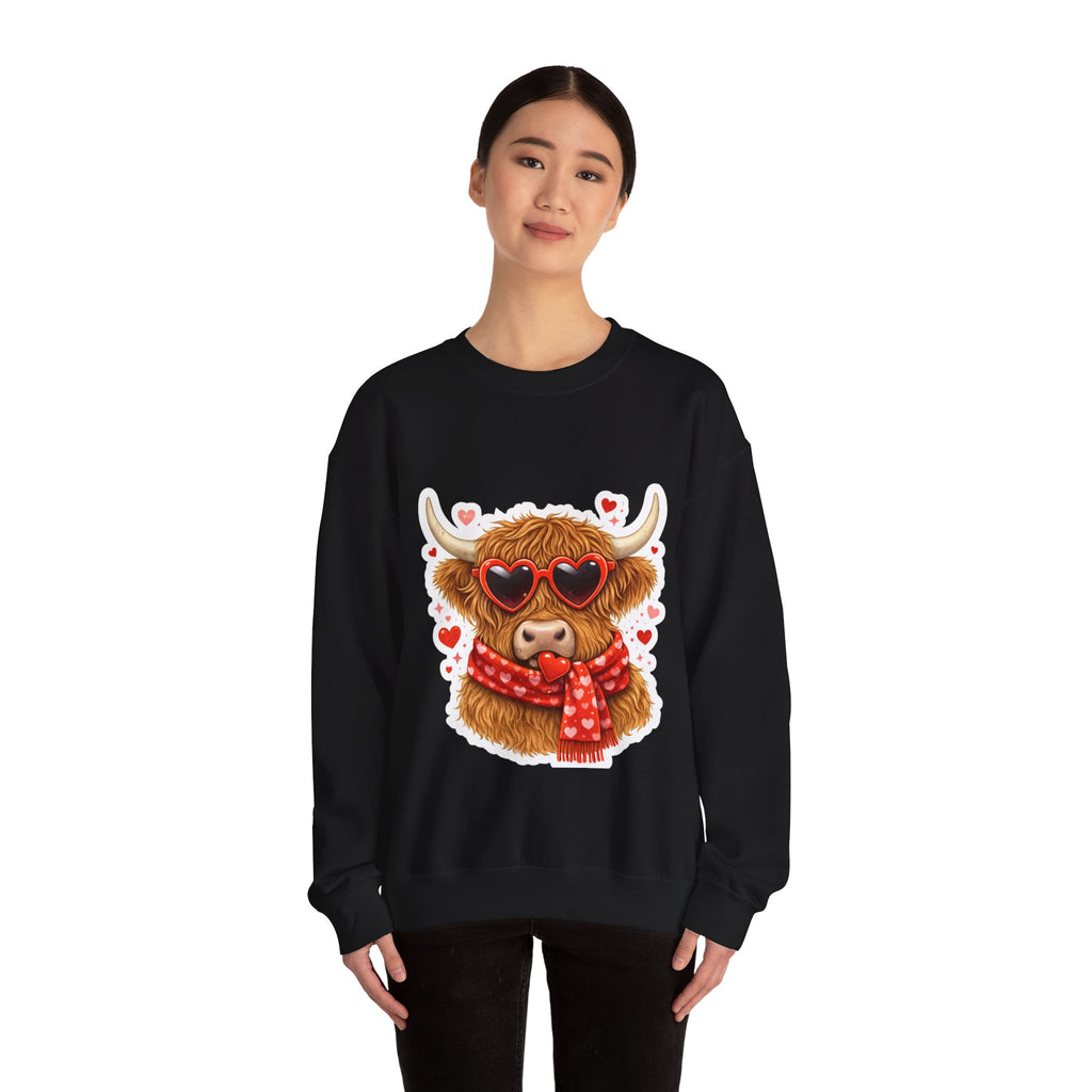 Valentine Highland Cow Sweatshirt – Cute Heart Sunglasses & Scarf Crewneck