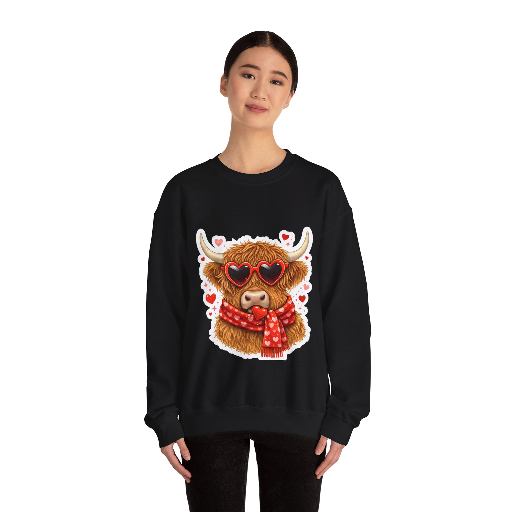 Valentine Highland Cow Sweatshirt – Cute Heart Sunglasses & Scarf Crewneck