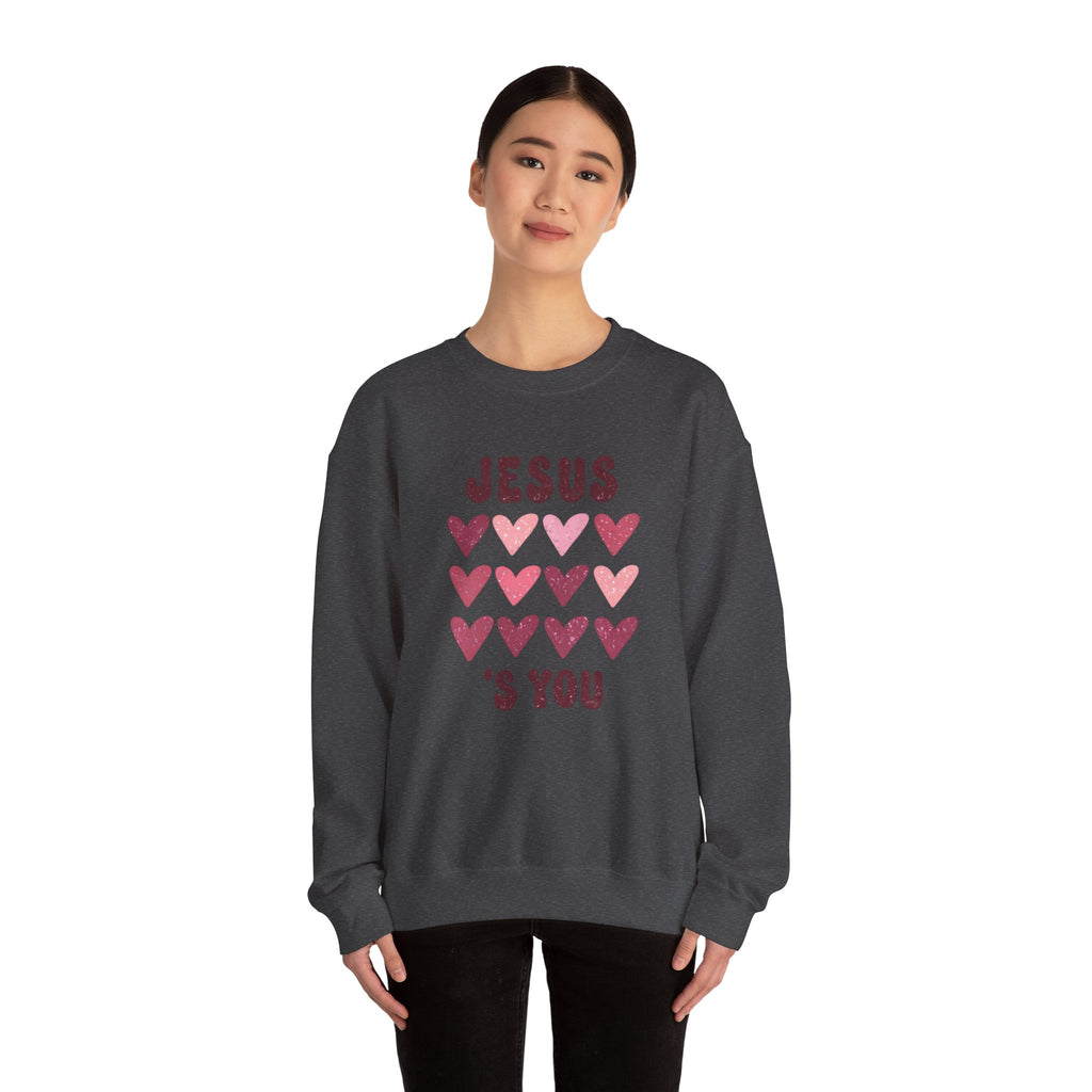 Crewneck Sweatshirt — "Jesus Loves You" Pink Heart Graphic