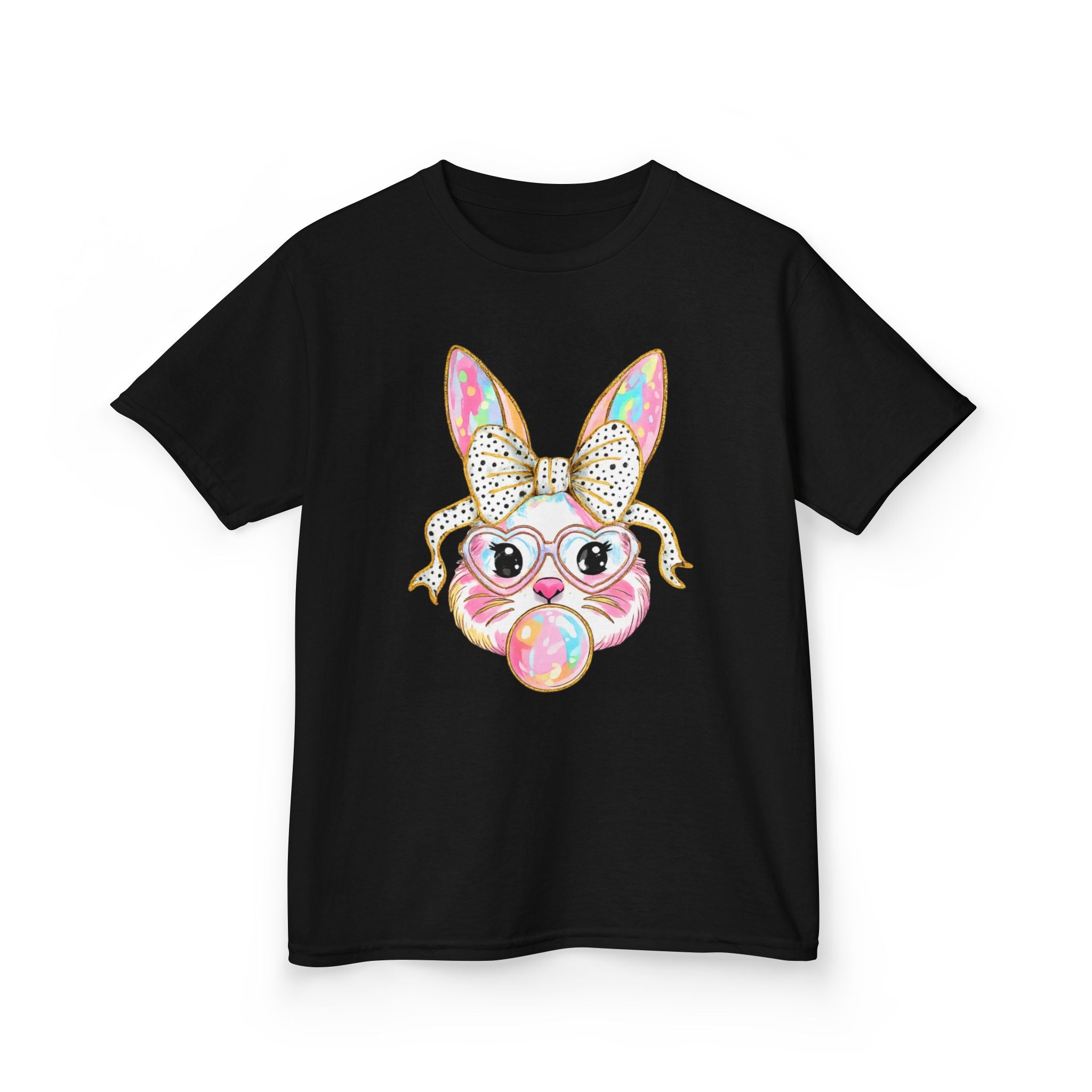 Kids Bunny Bubblegum Tee — Cute Bunny with Bow & Glasses Kids T-Shirt
