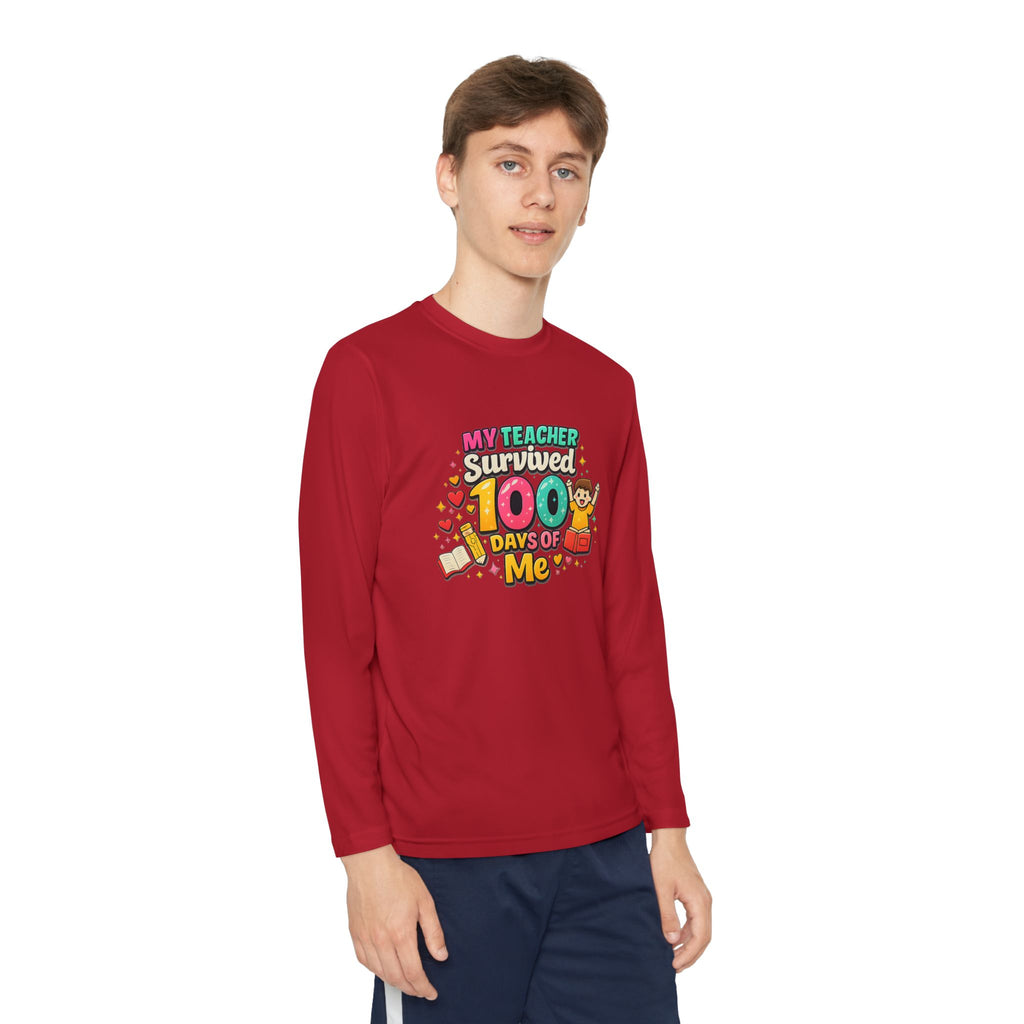 Kids Long Sleeve Tee — “My Teacher Survived 100 Days of Me” Colorful Celebration Shirt