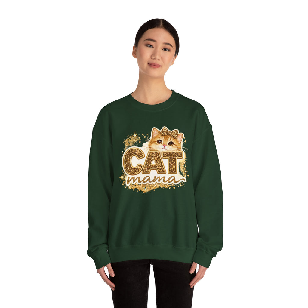 Cat Mama Crewneck Sweatshirt – Cute Gold Glitter Cat Graphic