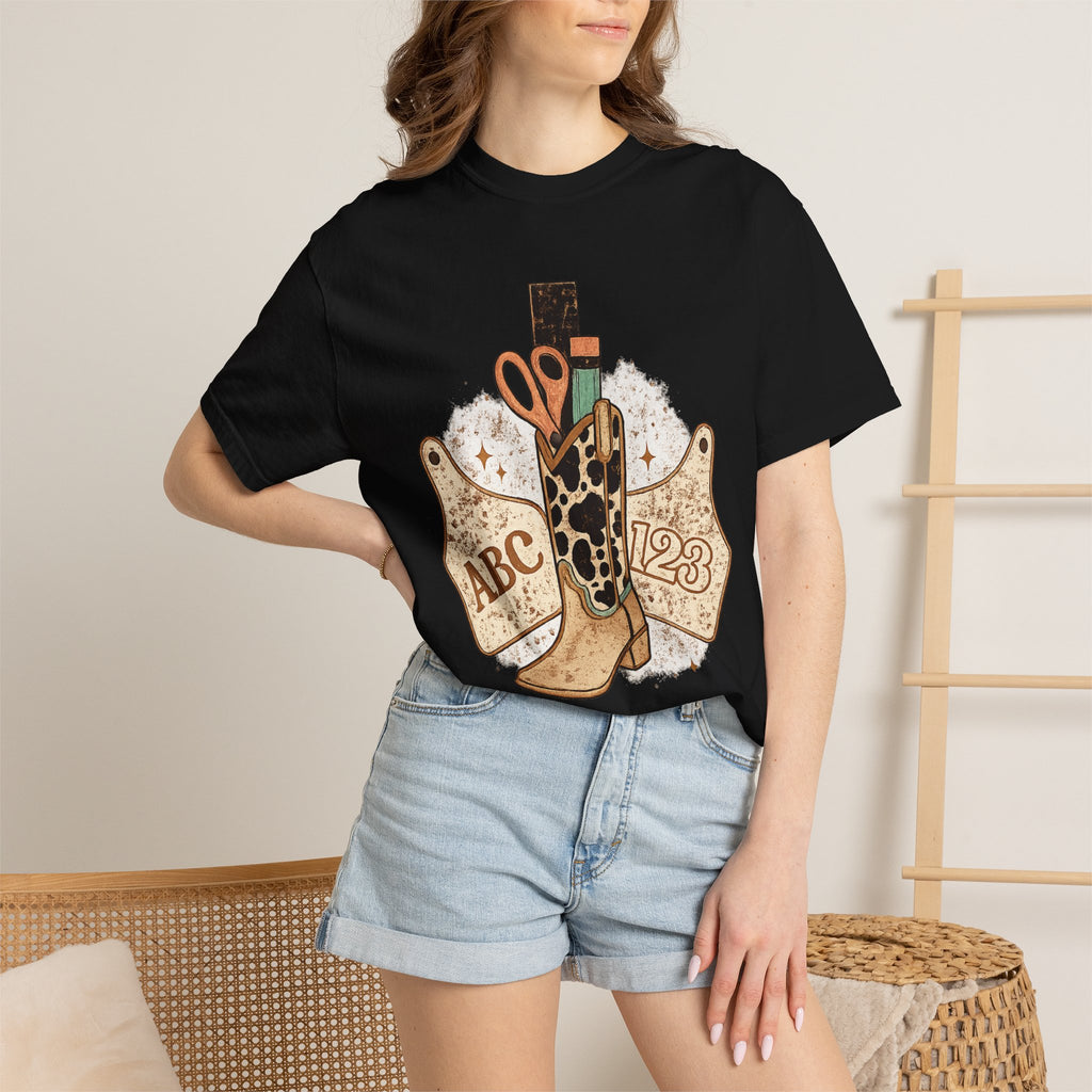 Teacher Cowgirl Boot T-Shirt – ABC 123 Classroom Scissors Design