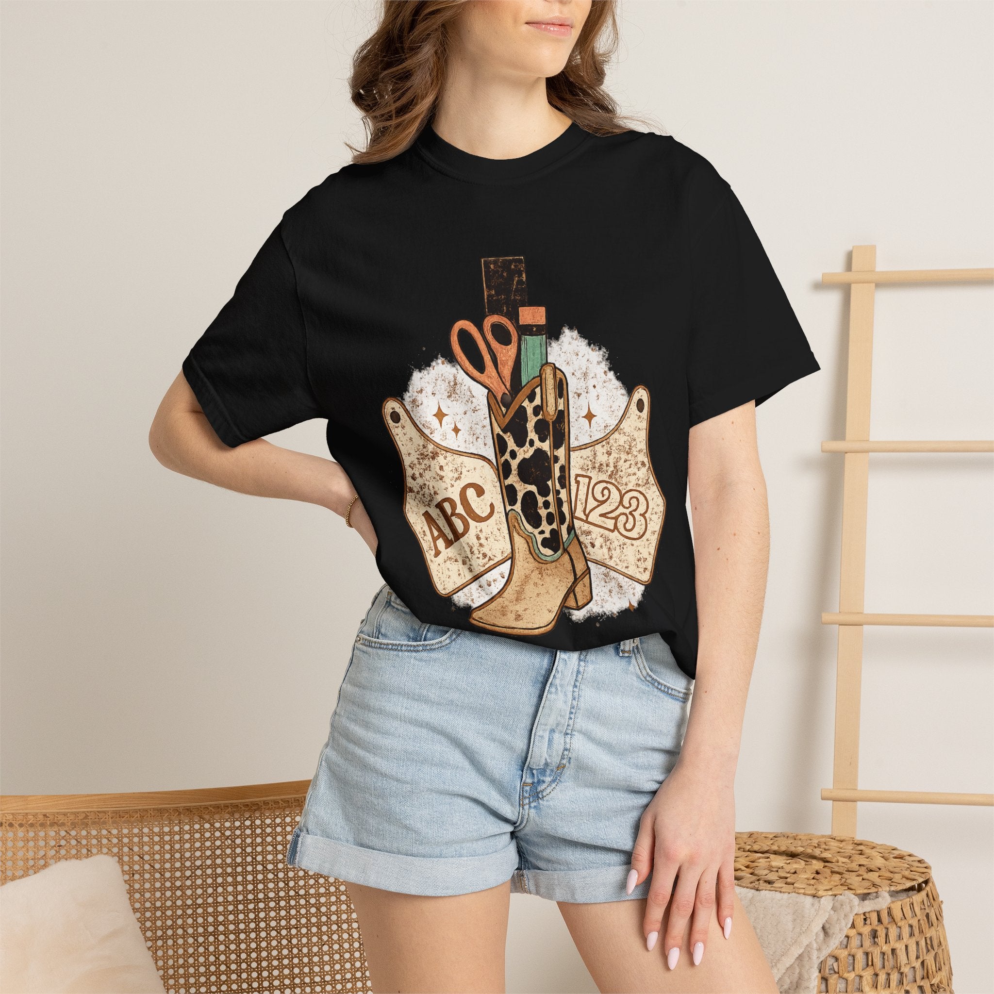 Teacher Cowgirl Boot T-Shirt – ABC 123 Classroom Scissors Design