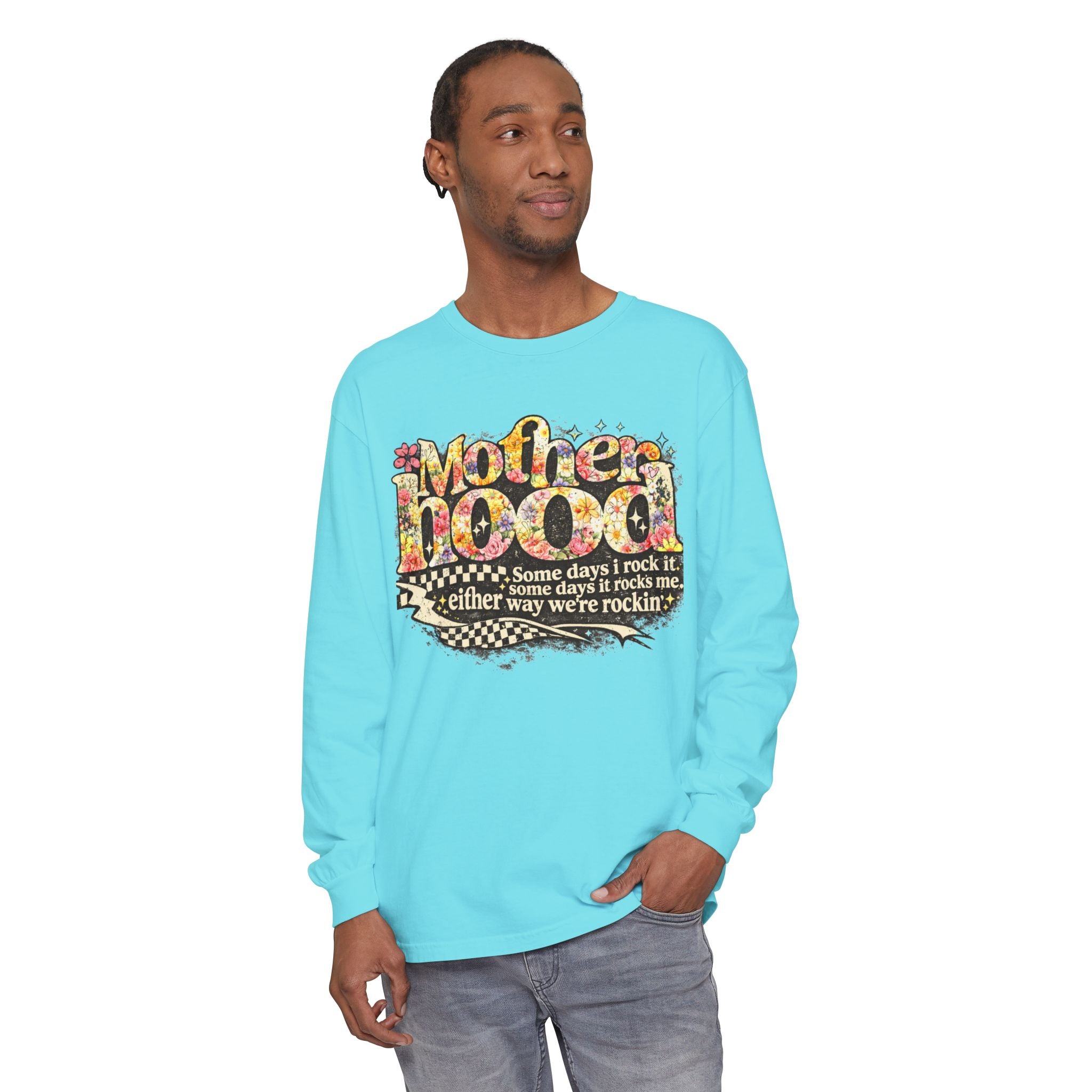 Motherhood Graphic Long Sleeve Tee — "Mother Doodle: Some days I rock it"