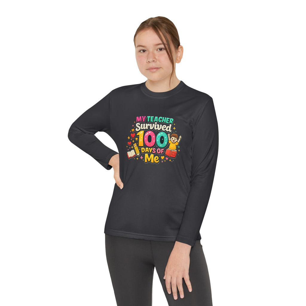 Kids Long Sleeve Tee — “My Teacher Survived 100 Days of Me” Colorful Celebration Shirt