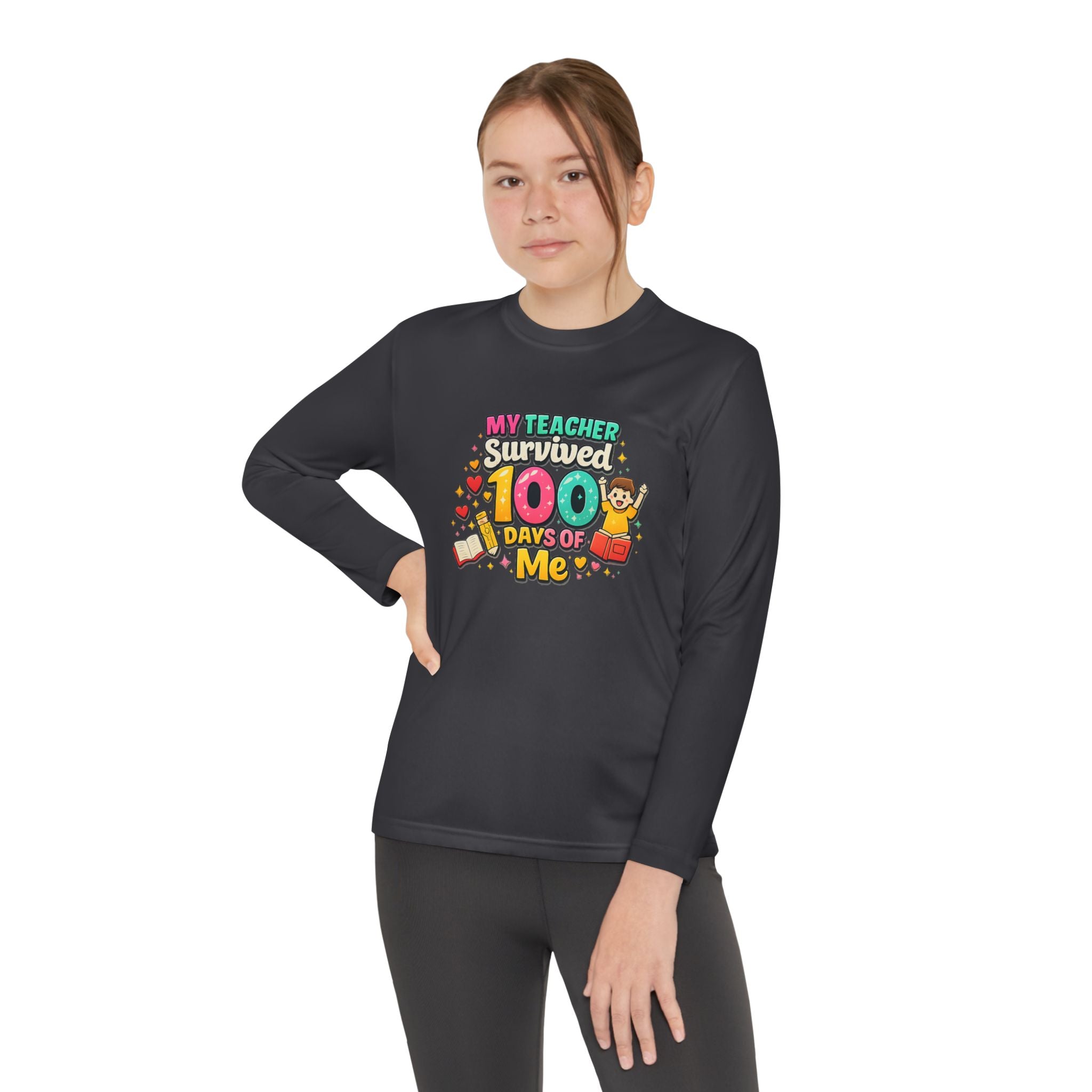 Kids Long Sleeve Tee — “My Teacher Survived 100 Days of Me” Colorful Celebration Shirt