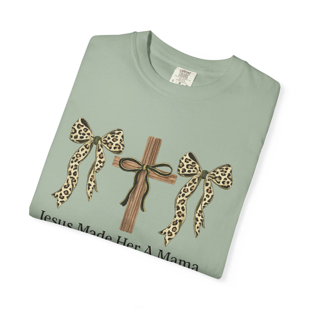 Jesus Made Her a Mama Cross T‑Shirt — Leopard Bow Christian Mother's Day Tee