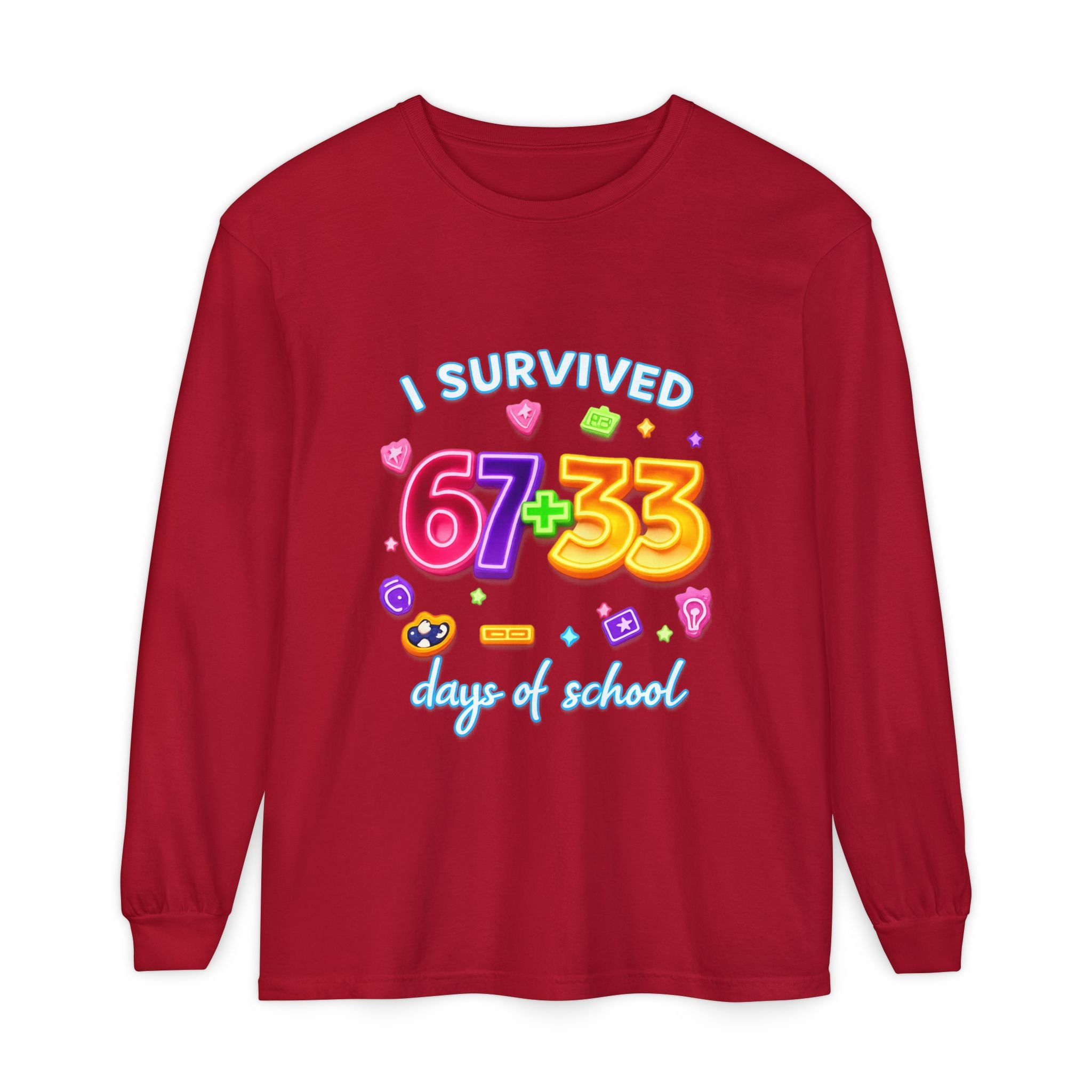 Long Sleeve T‑Shirt "I Survived 67+33 Days of School" — Cute Colorful End‑of‑School Celebration Tee