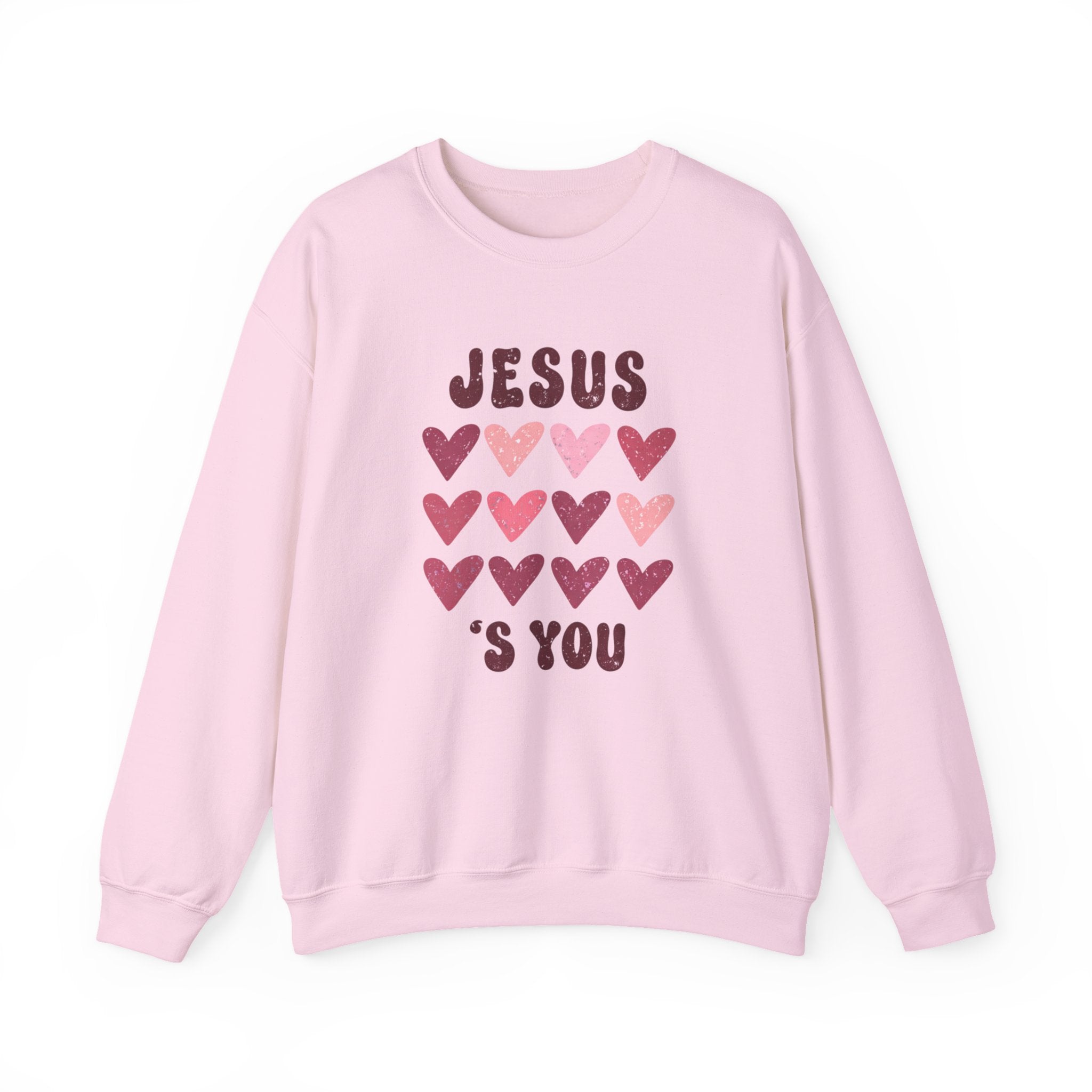 Crewneck Sweatshirt — "Jesus Loves You" Pink Heart Graphic