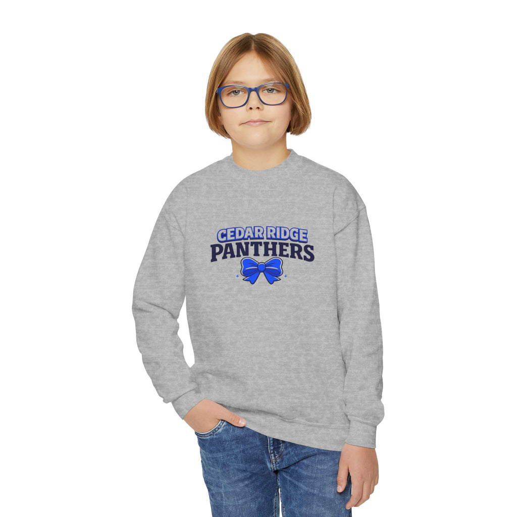 Cedar Ridge Panthers Youth Crewneck Sweatshirt — Blue Cheer Bow School Spirit