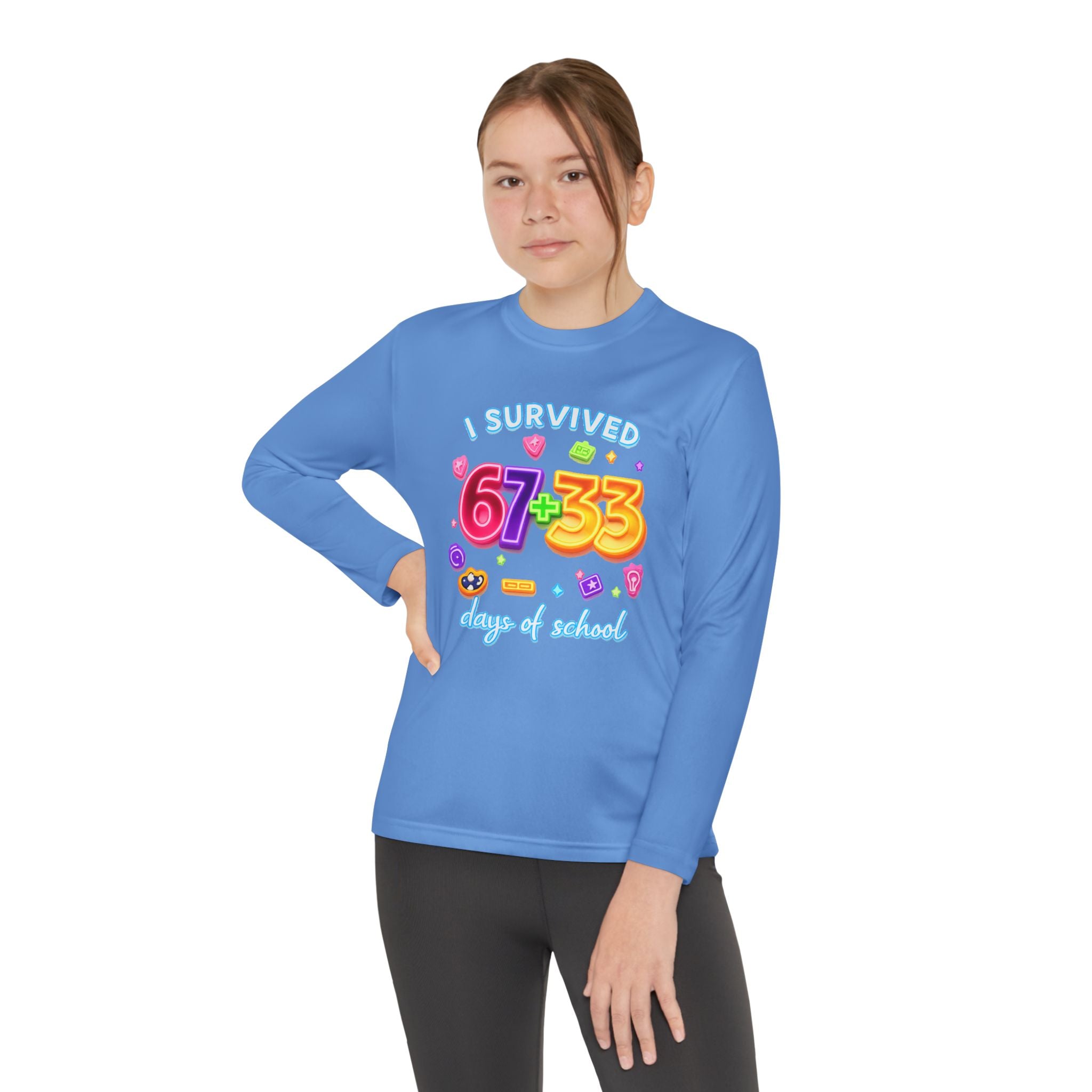 Youth Long Sleeve Tee — "I Survived 67+33 Days of School" Colorful Celebration Shirt