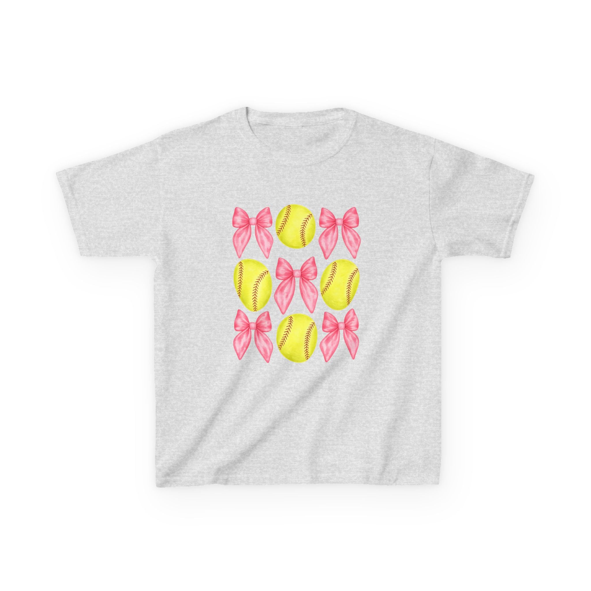 Girls Softball & Bows Kids Tee — Pink Bow Softball Pattern Shirt