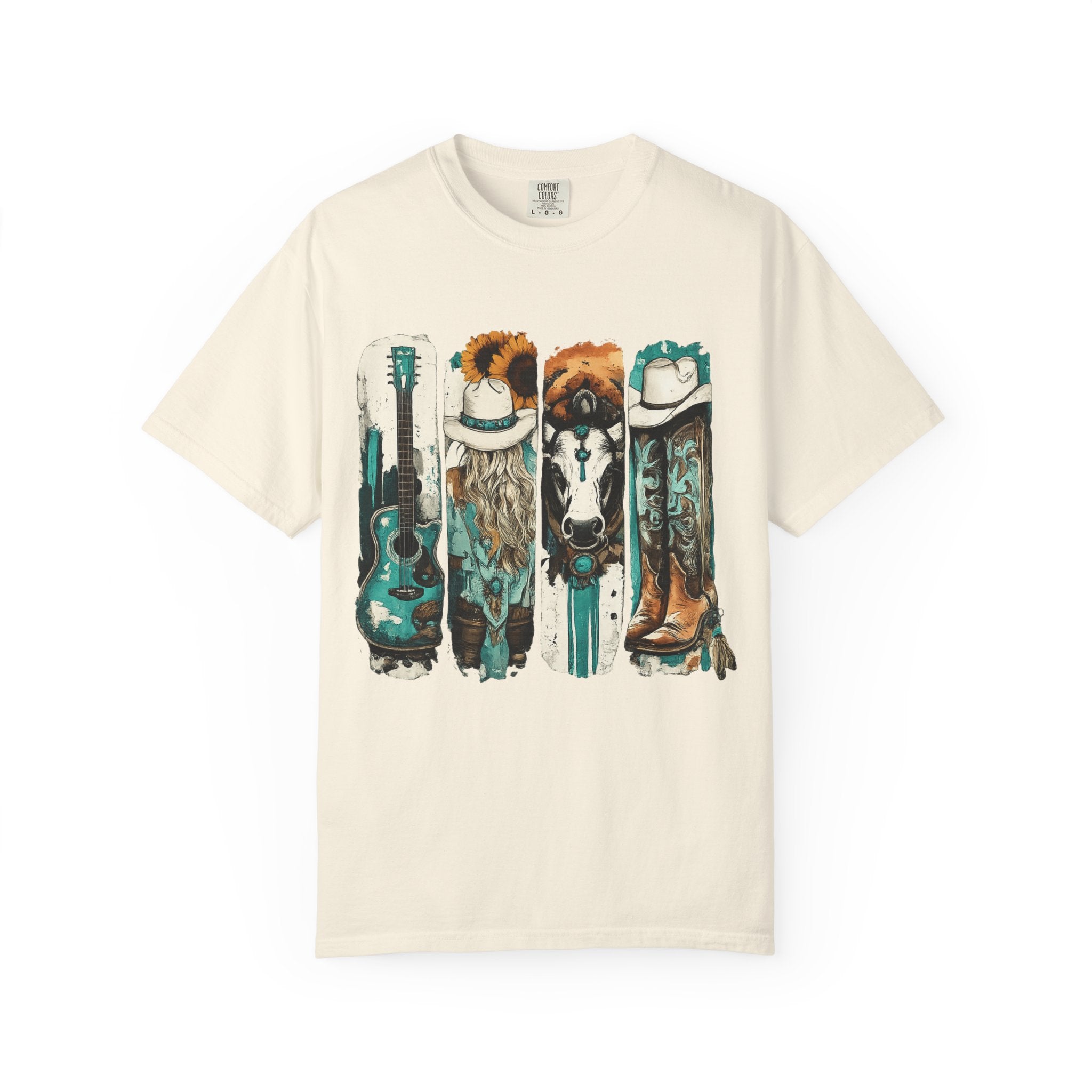 Western Music Icons T-Shirt — Rustic Guitar, Boots & Hat Graphic Tee