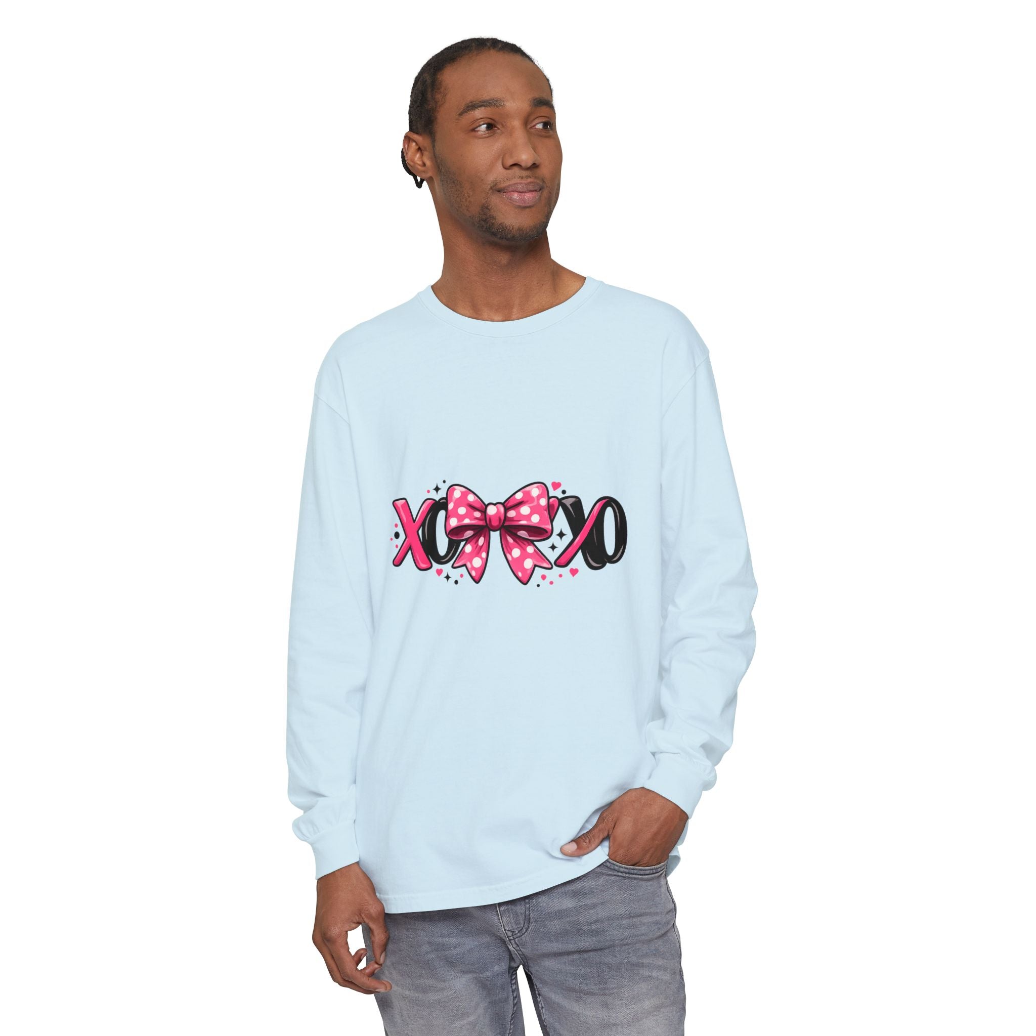 Hugs & Kisses (XOXO) Long Sleeve Tee — Pink Bow Valentine Shirt