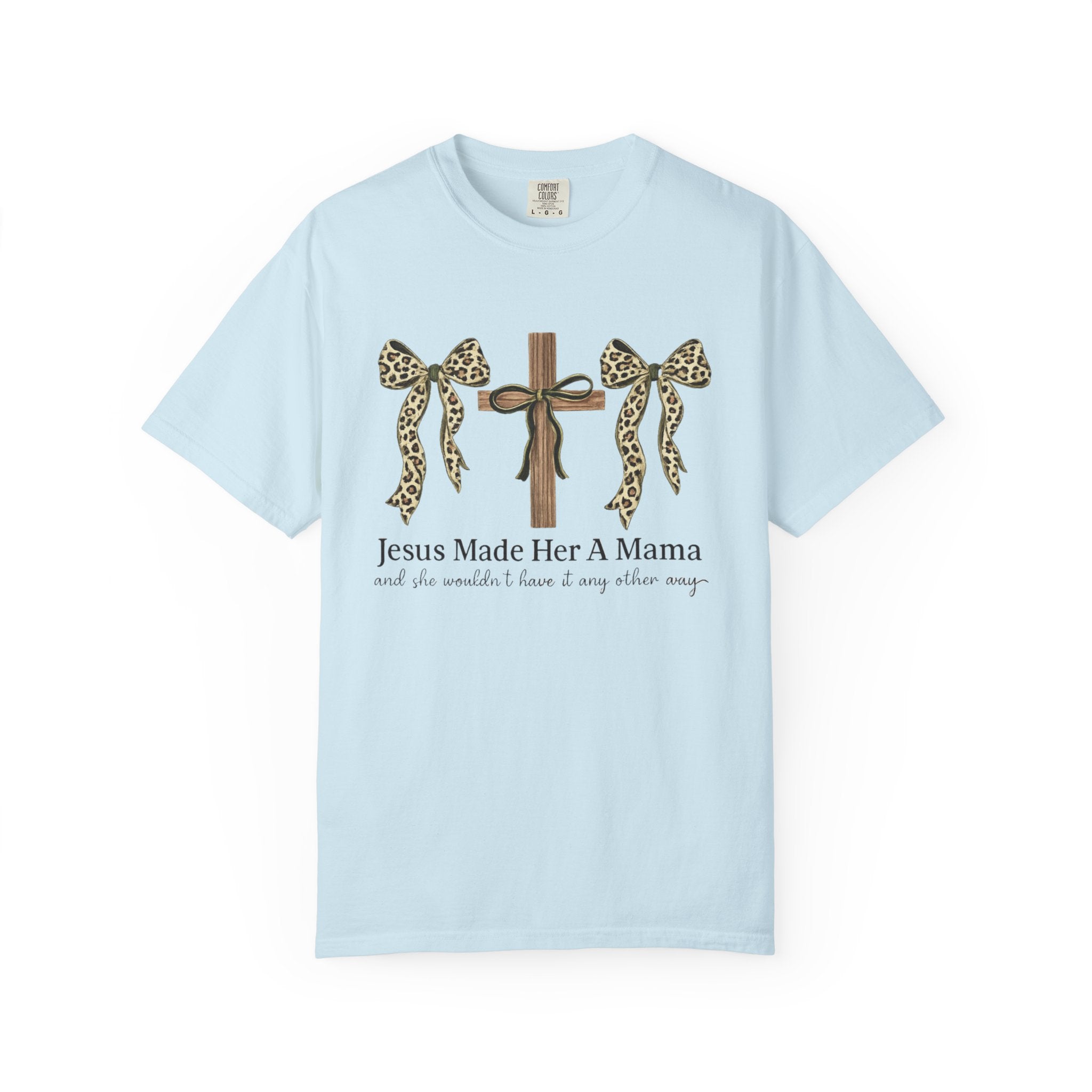 Jesus Made Her a Mama Cross T‑Shirt — Leopard Bow Christian Mother's Day Tee