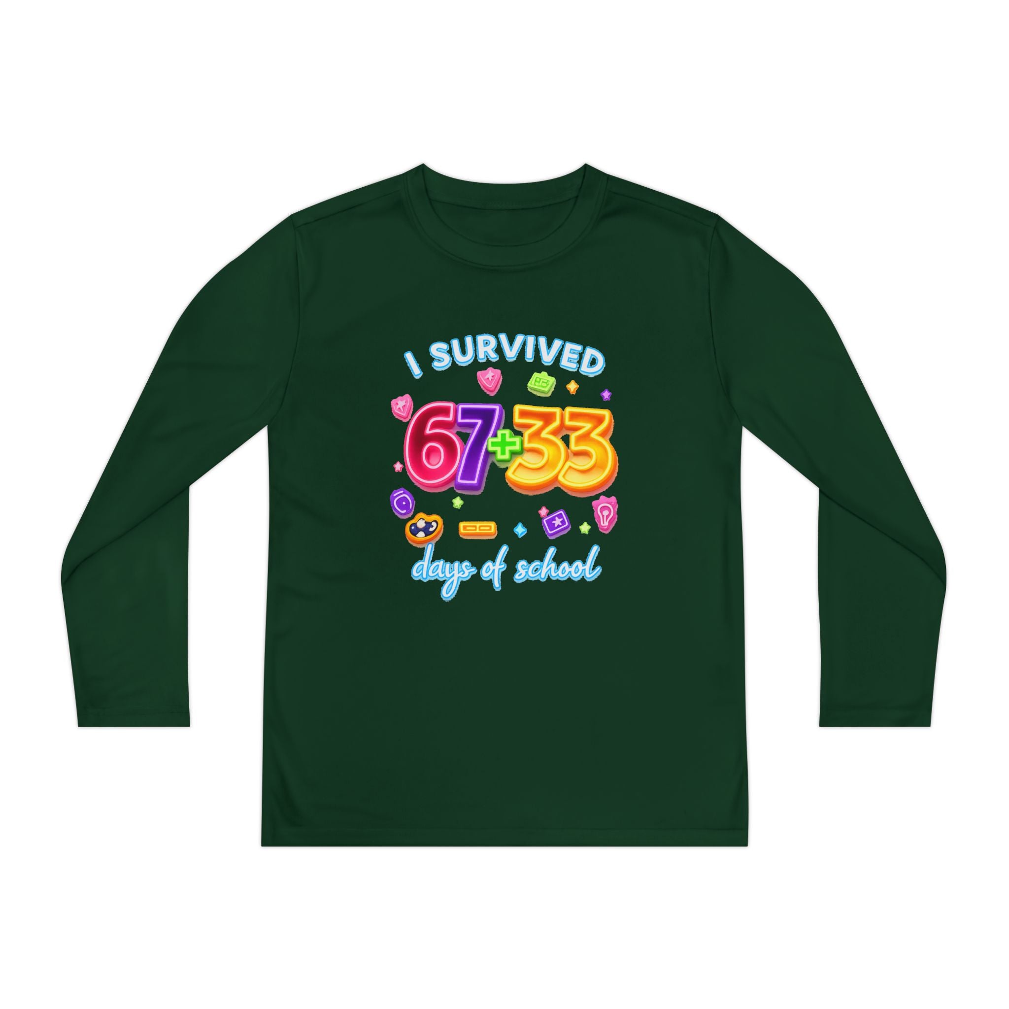 Youth Long Sleeve Tee — "I Survived 67+33 Days of School" Colorful Celebration Shirt