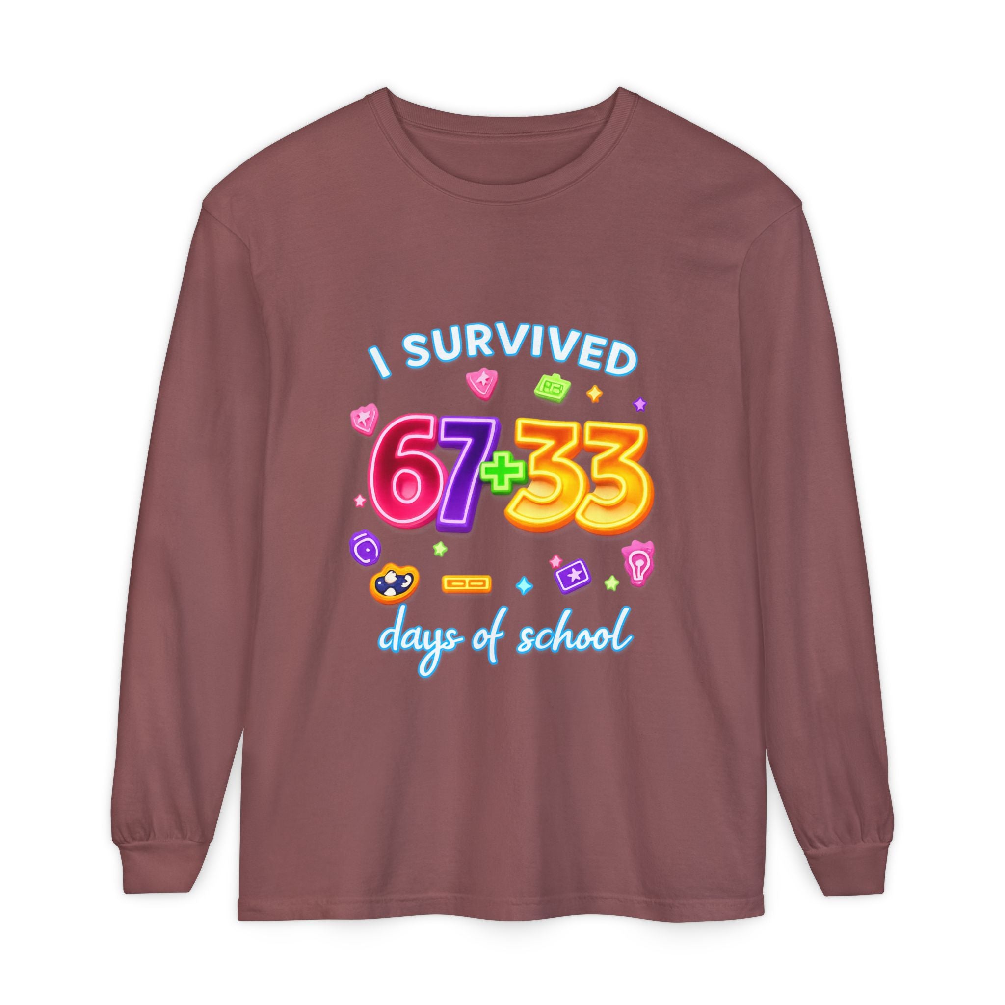 Long Sleeve T‑Shirt "I Survived 67+33 Days of School" — Cute Colorful End‑of‑School Celebration Tee