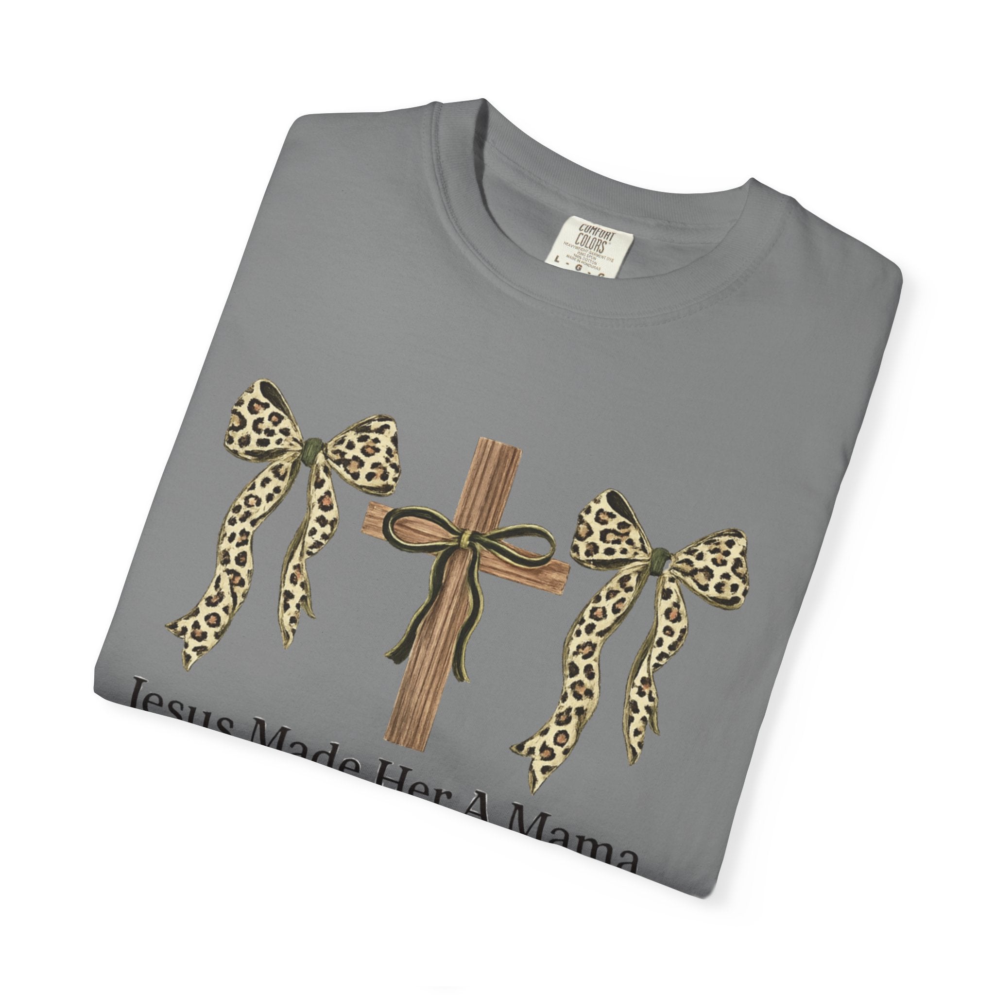 Jesus Made Her a Mama Cross T‑Shirt — Leopard Bow Christian Mother's Day Tee