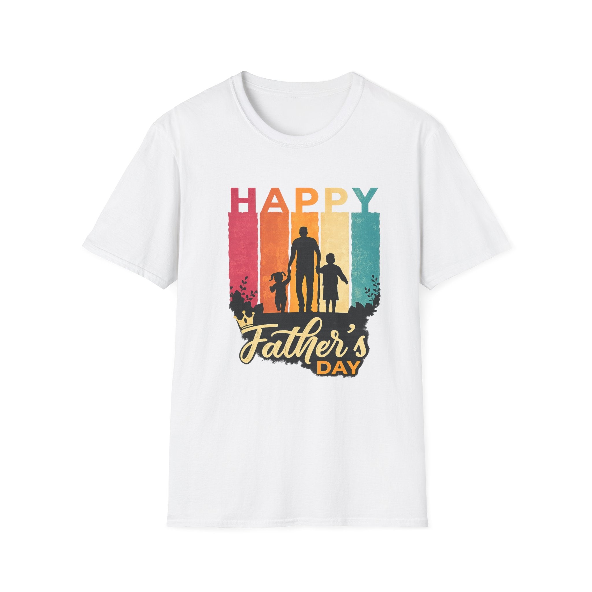 Happy Father's Day T-Shirt — Silhouette Dad with Kids Retro Stripes