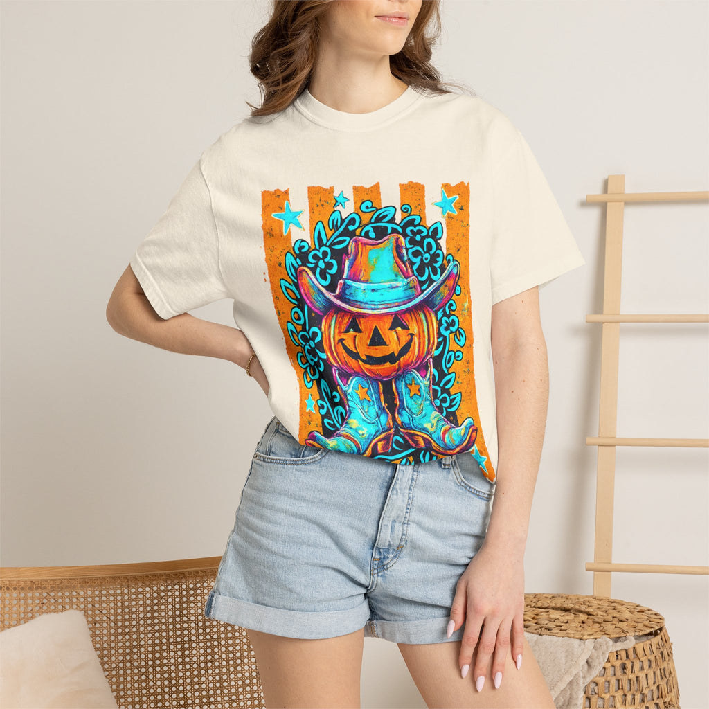Halloween Pumpkin Cowboy T-Shirt — Neon Country Jack-O'-Lantern Graphic Tee