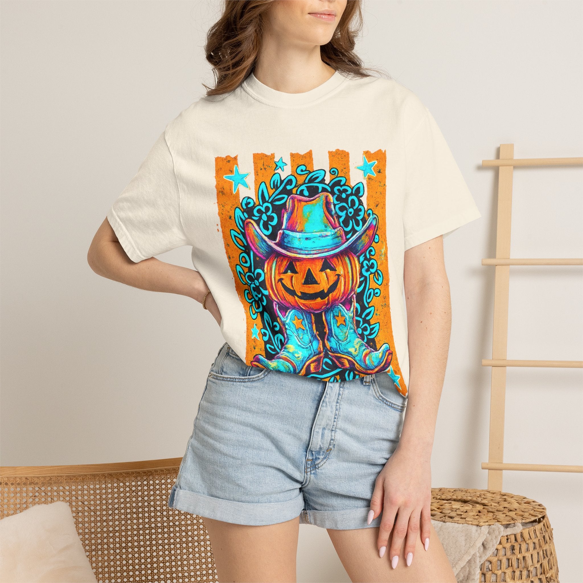 Halloween Pumpkin Cowboy T-Shirt — Neon Country Jack-O'-Lantern Graphic Tee