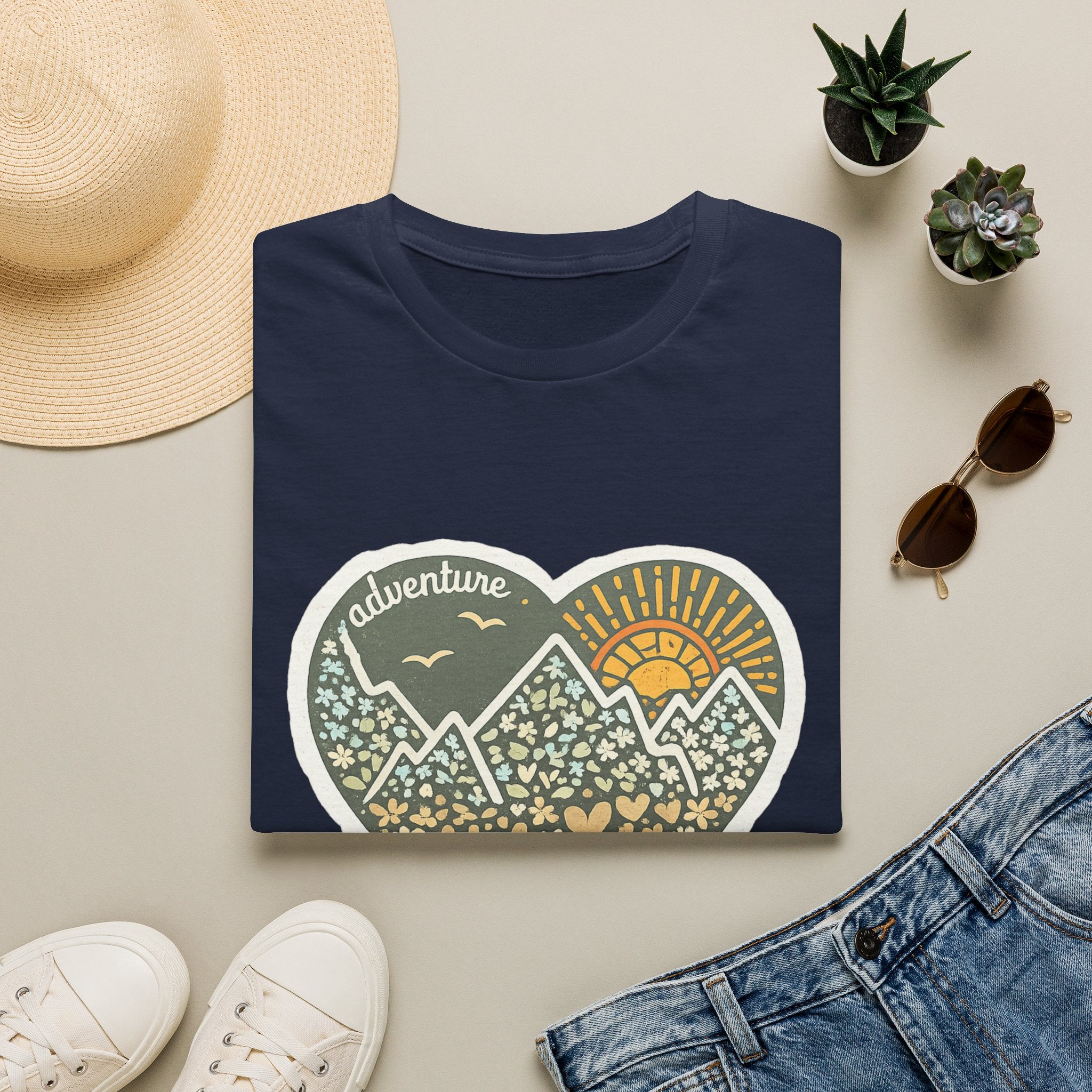 Adventure Heart Mountain T‑Shirt — Sunrise Nature Graphic Tee for Hikers & Outdoor Lovers