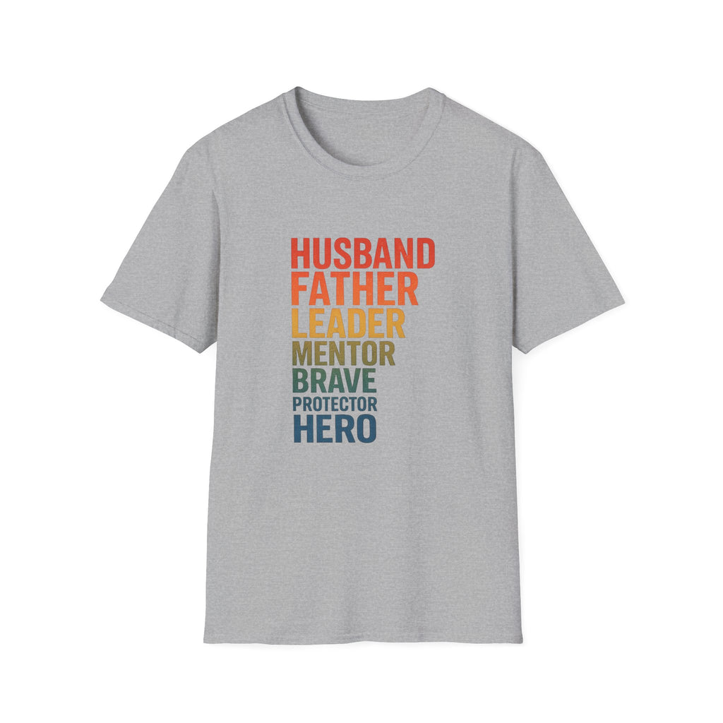 Father & Husband Role Call T‑Shirt — 'Husband Father Leader Mentor Brave Protector Hero'