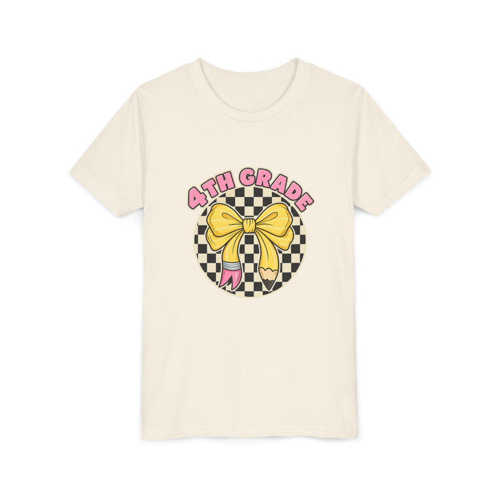 4th Grade Youth Tee — Cute Checkerboard Bow Back-to-School Shirt