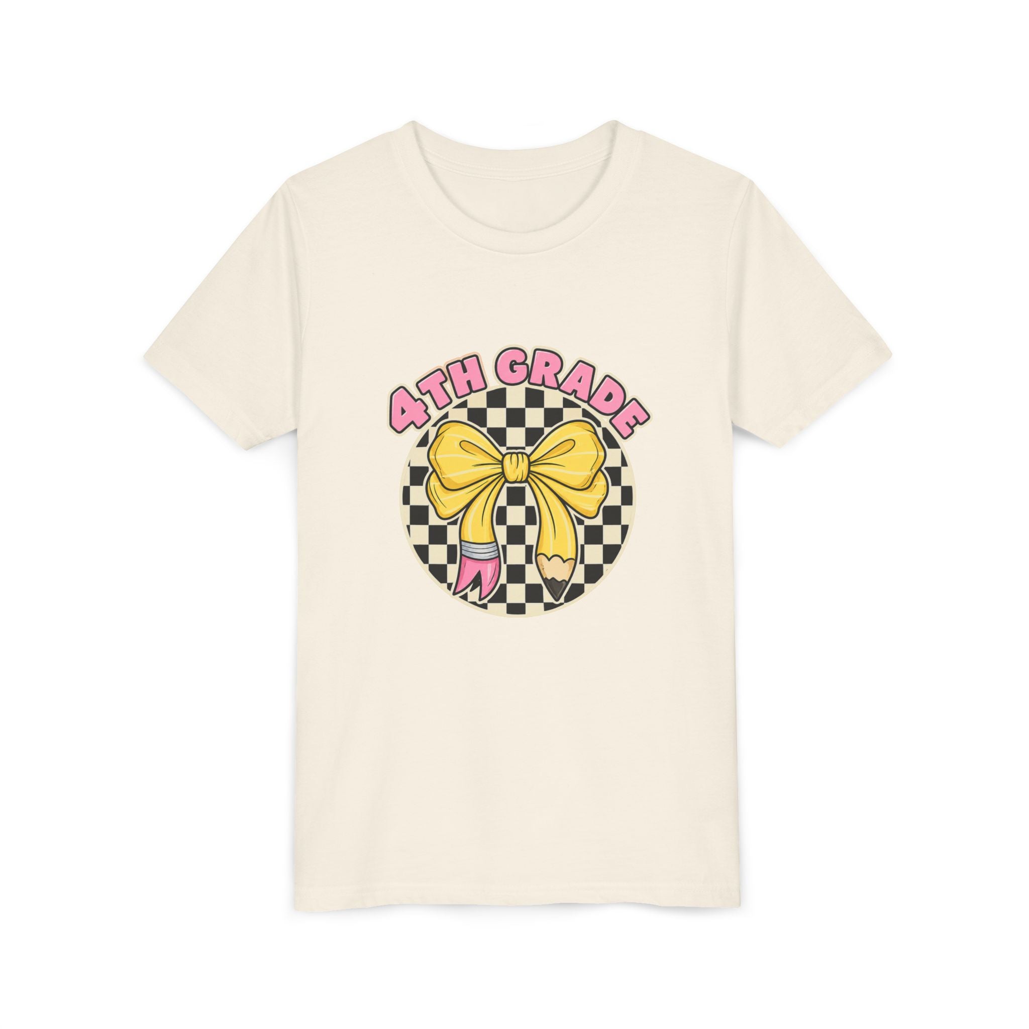 4th Grade Youth Tee — Cute Checkerboard Bow Back-to-School Shirt