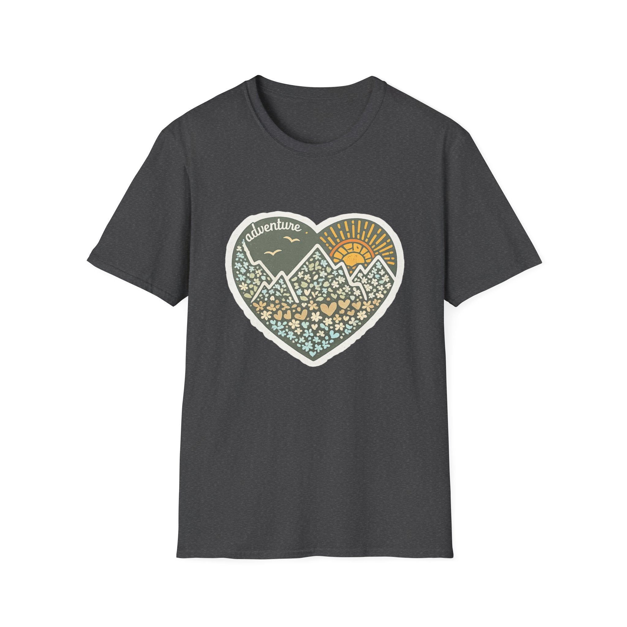 Adventure Heart Mountain T‑Shirt — Sunrise Nature Graphic Tee for Hikers & Outdoor Lovers