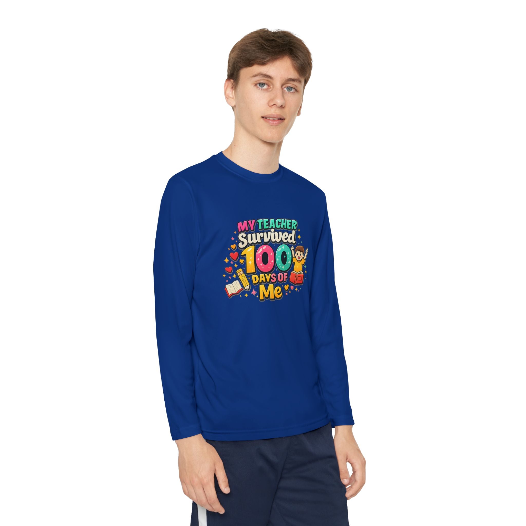 Kids Long Sleeve Tee — “My Teacher Survived 100 Days of Me” Colorful Celebration Shirt