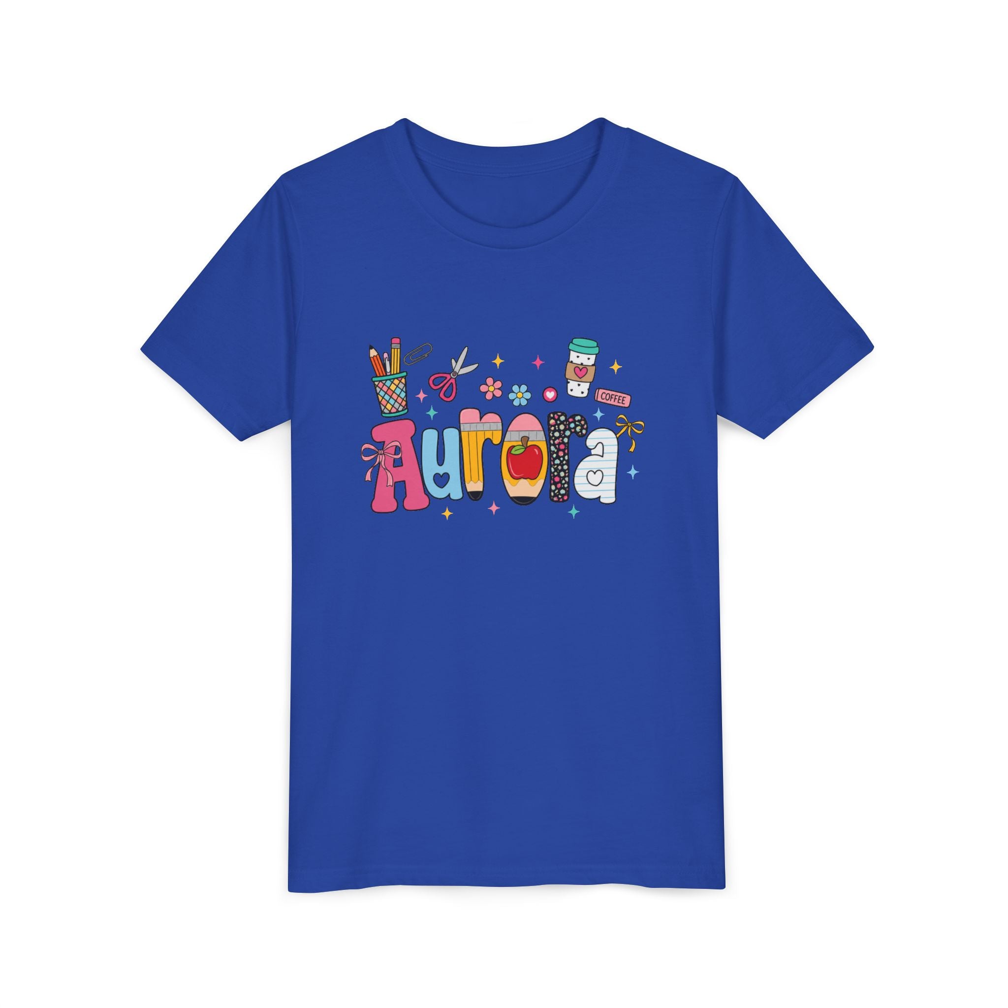 Aurora Kids' Name Tee — Colorful School Supplies Graphic Youth T-Shirt
