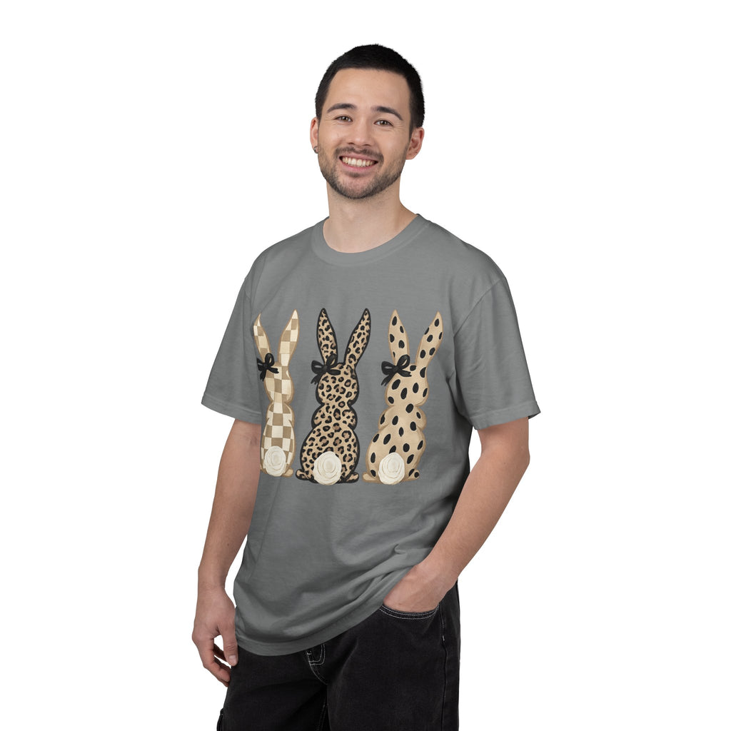 Easter Bunny Trio T-Shirt — Neutral Plaid, Leopard & Polka Dot Bunnies