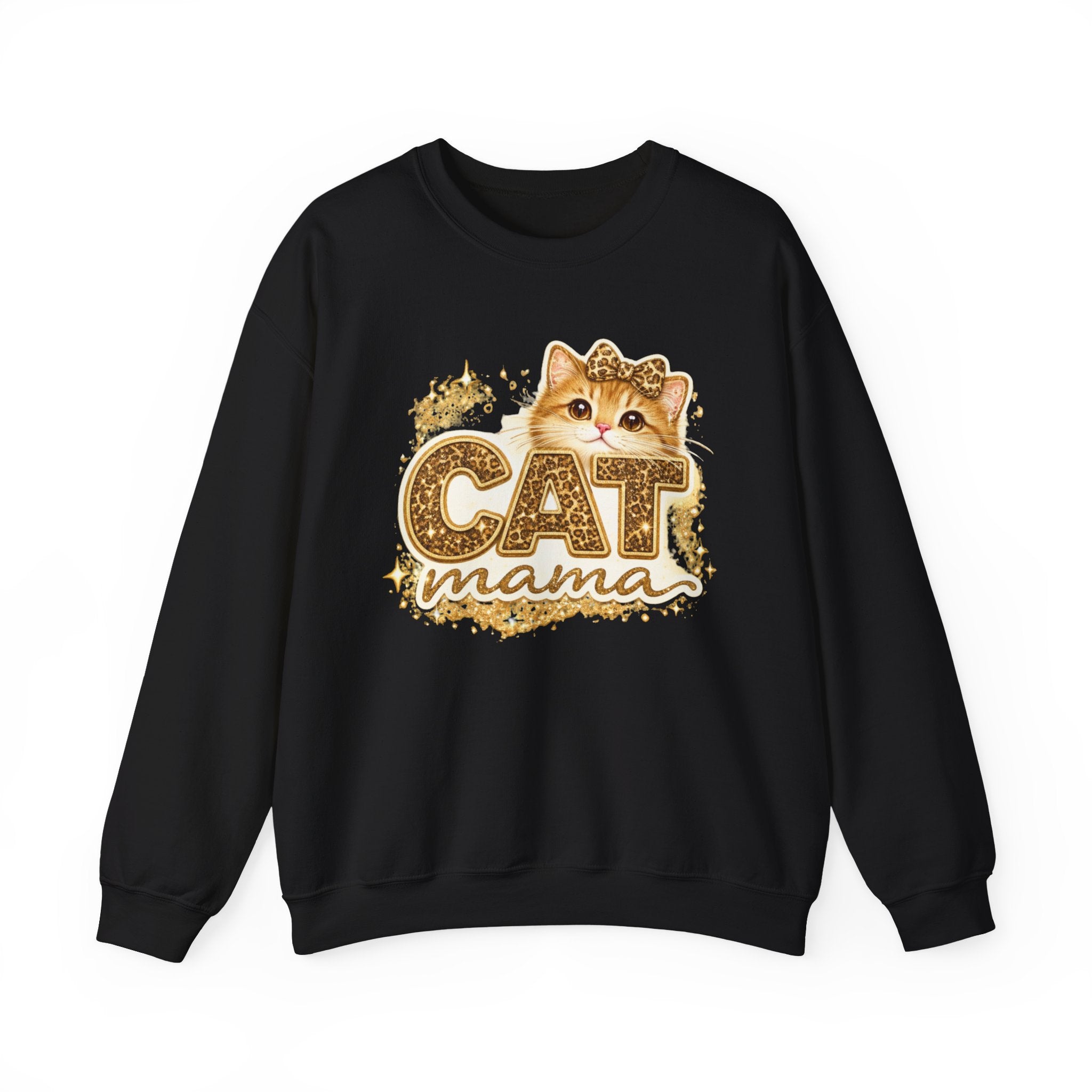 Cat Mama Crewneck Sweatshirt – Cute Gold Glitter Cat Graphic