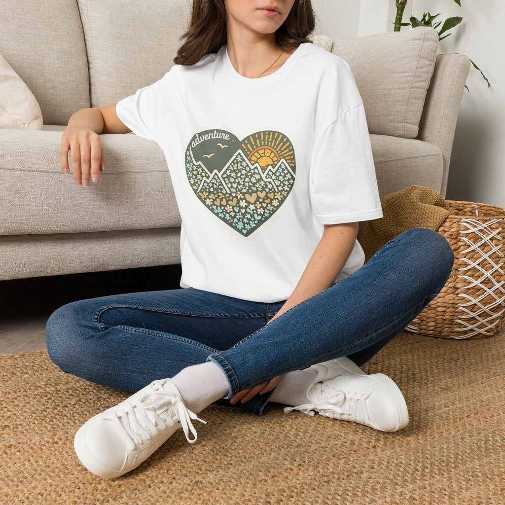 Adventure Heart Mountain T‑Shirt — Sunrise Nature Graphic Tee for Hikers & Outdoor Lovers