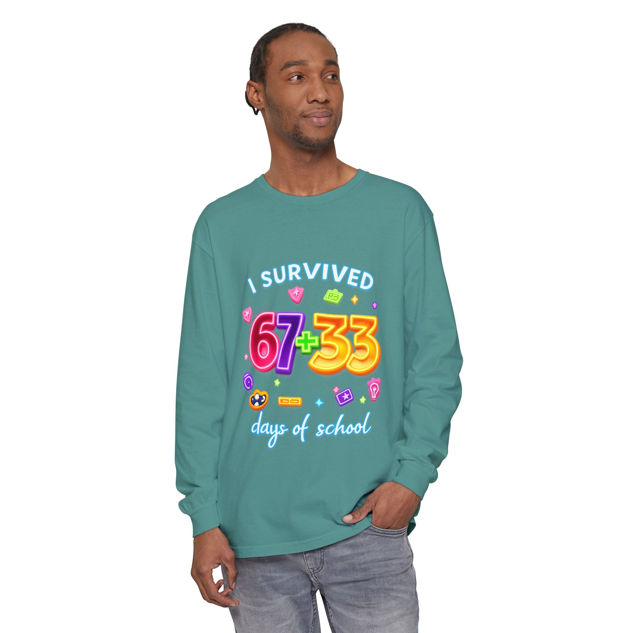 Long Sleeve T‑Shirt "I Survived 67+33 Days of School" — Cute Colorful End‑of‑School Celebration Tee