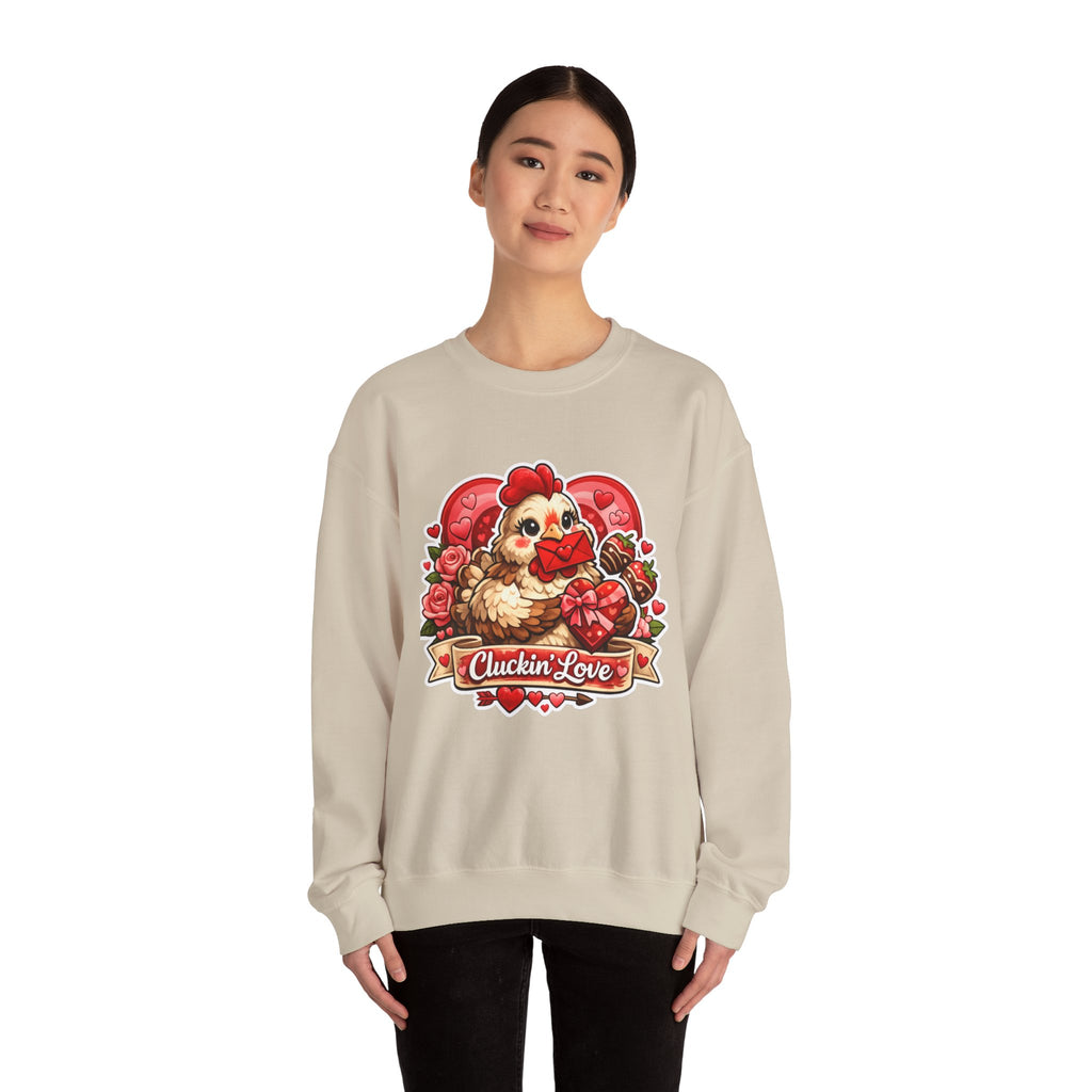 Crewneck Sweatshirt — "Cluckin' Love" Cute Chicken Valentine Design
