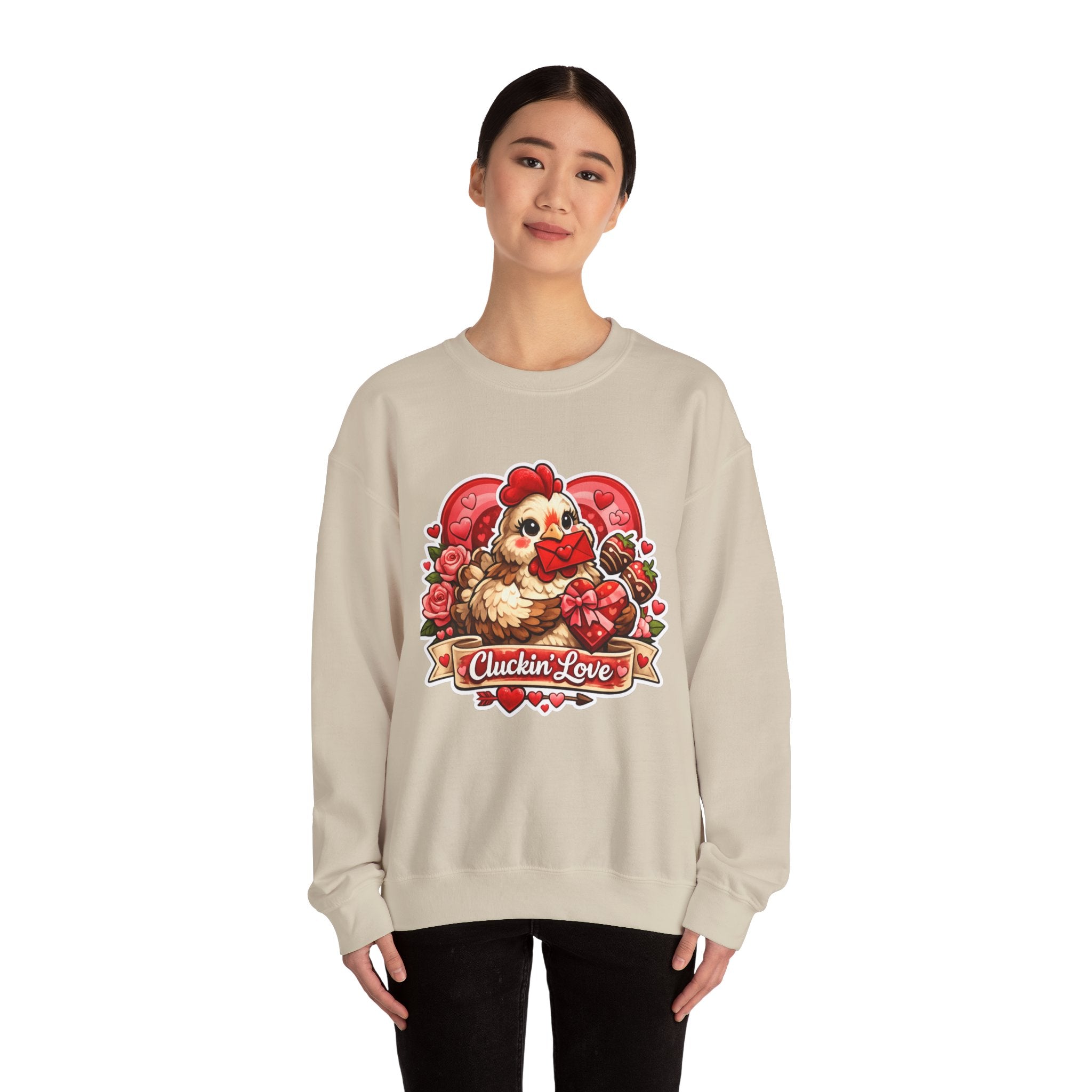Crewneck Sweatshirt — "Cluckin' Love" Cute Chicken Valentine Design