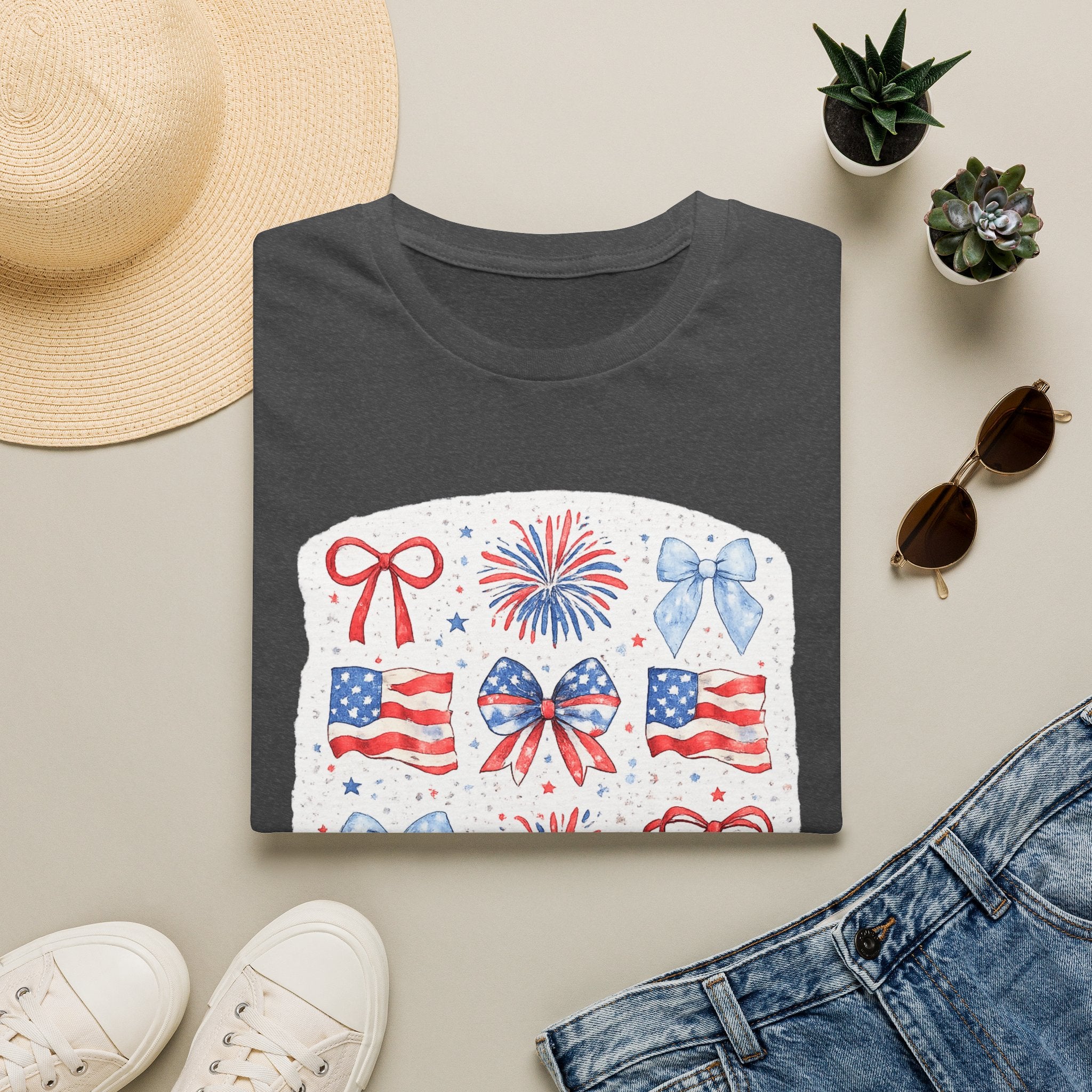 Patriotic 4th of July T-Shirt — USA Flag Bows & Fireworks Design