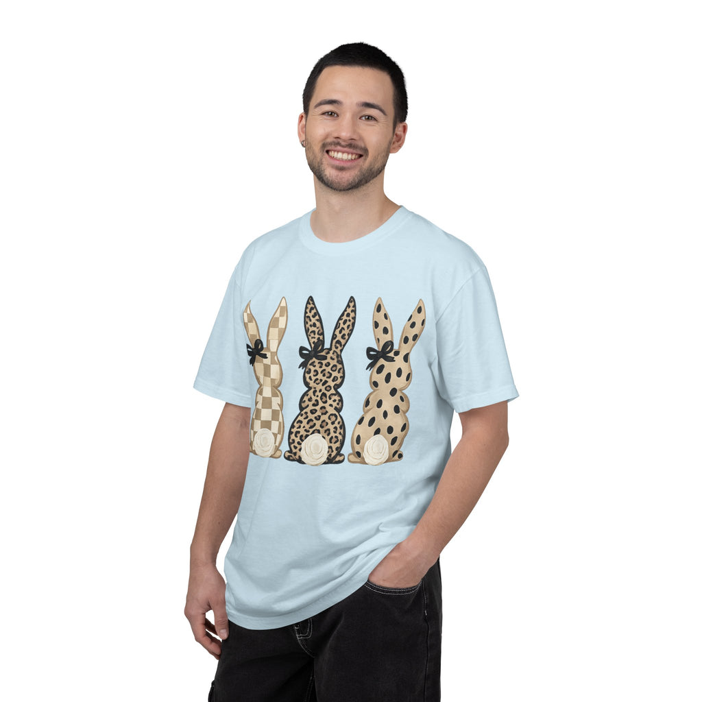 Easter Bunny Trio T-Shirt — Neutral Plaid, Leopard & Polka Dot Bunnies