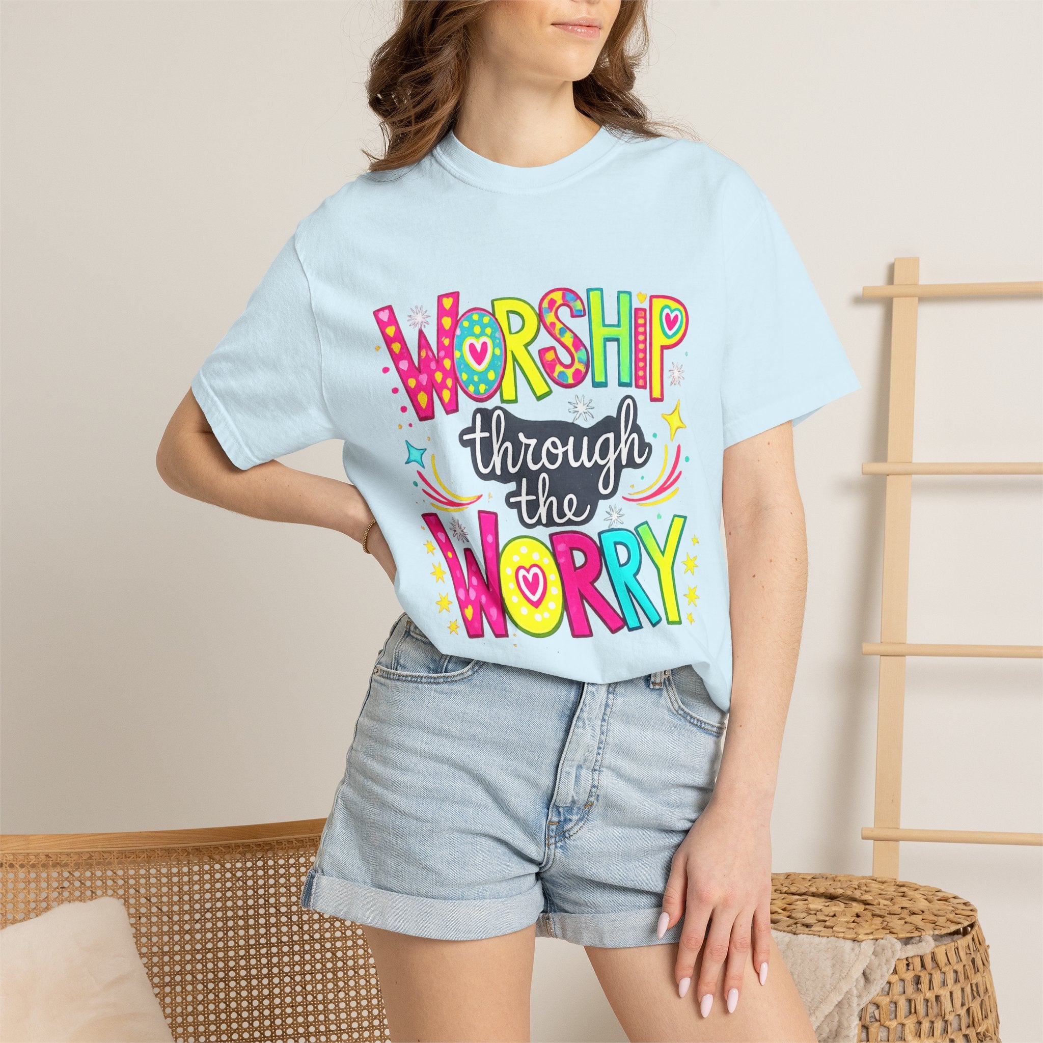 Worship Through the Worry T-Shirt — Colorful Christian Faith Tee