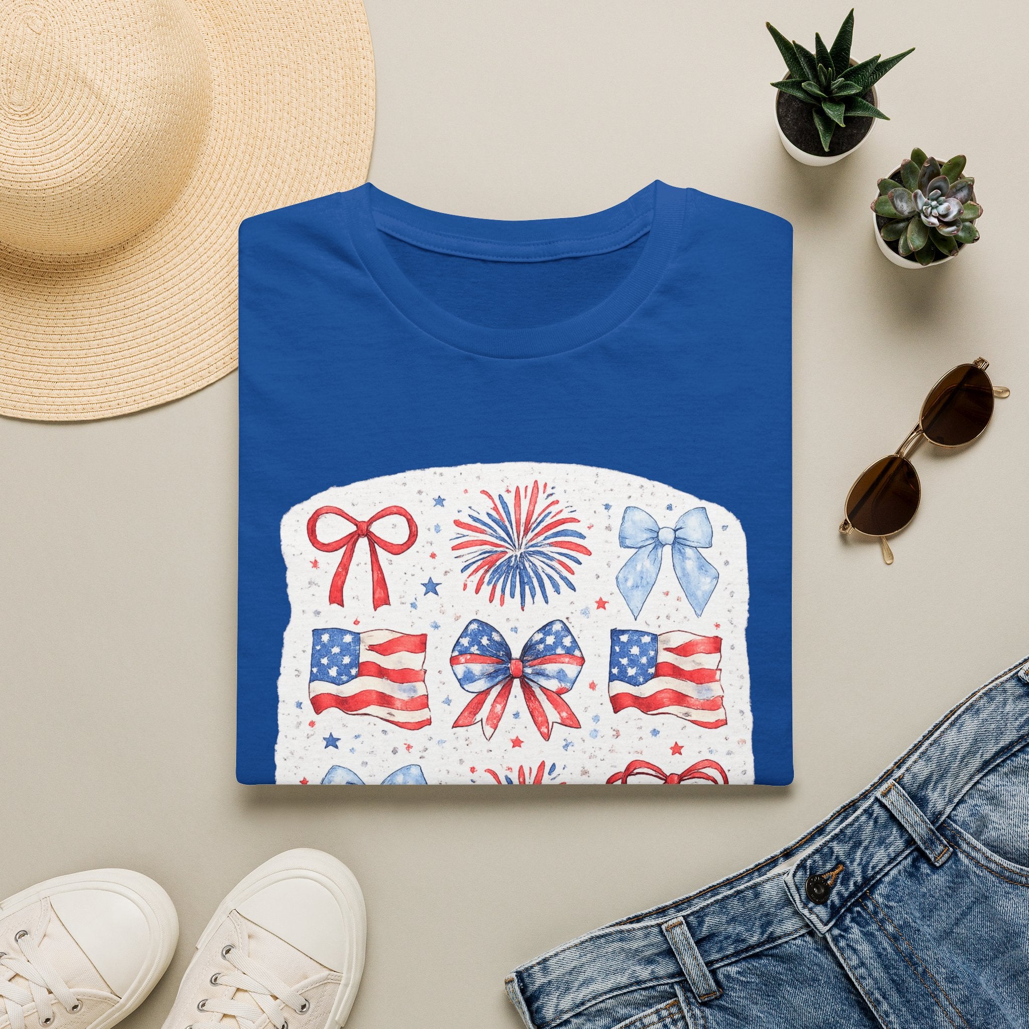 Patriotic 4th of July T-Shirt — USA Flag Bows & Fireworks Design