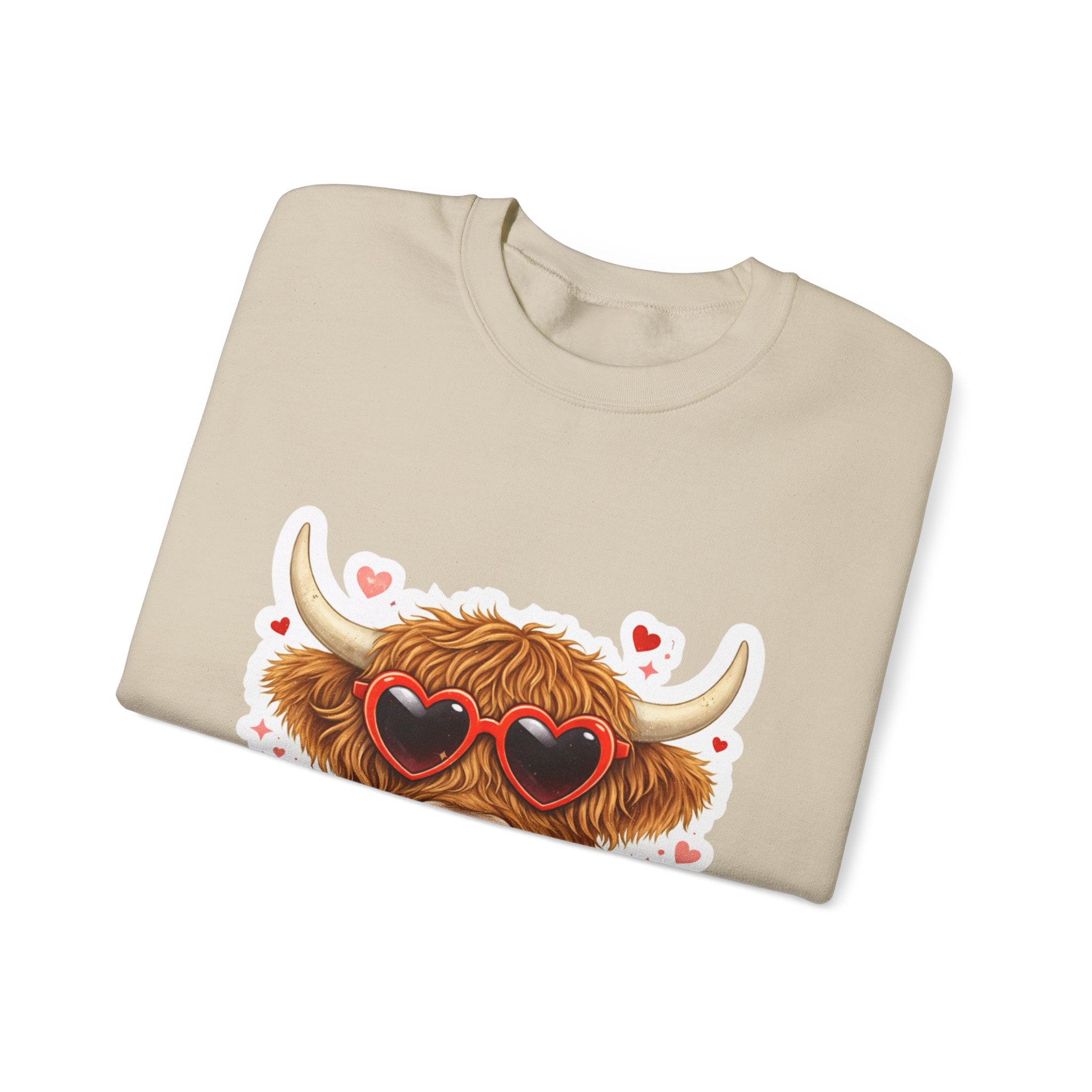 Valentine Highland Cow Sweatshirt – Cute Heart Sunglasses & Scarf Crewneck