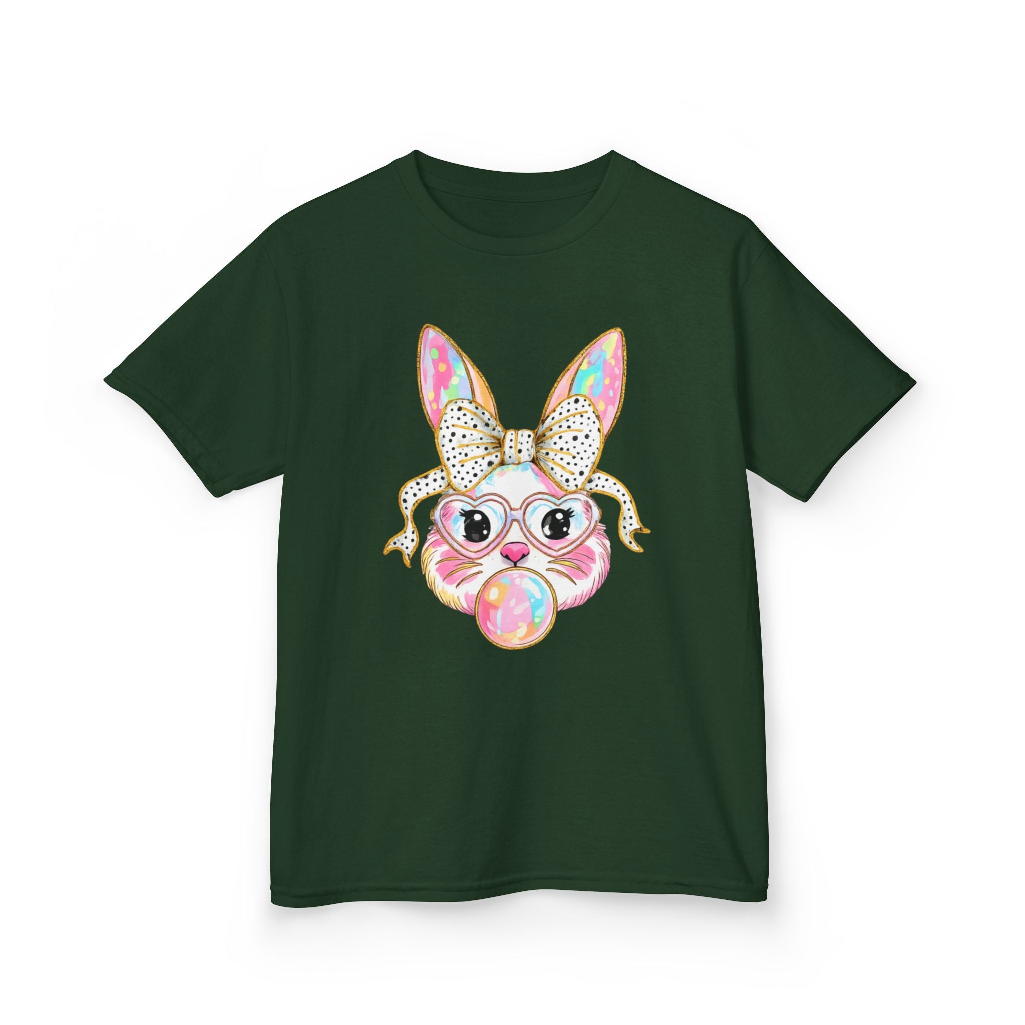 Kids Bunny Bubblegum Tee — Cute Bunny with Bow & Glasses Kids T-Shirt